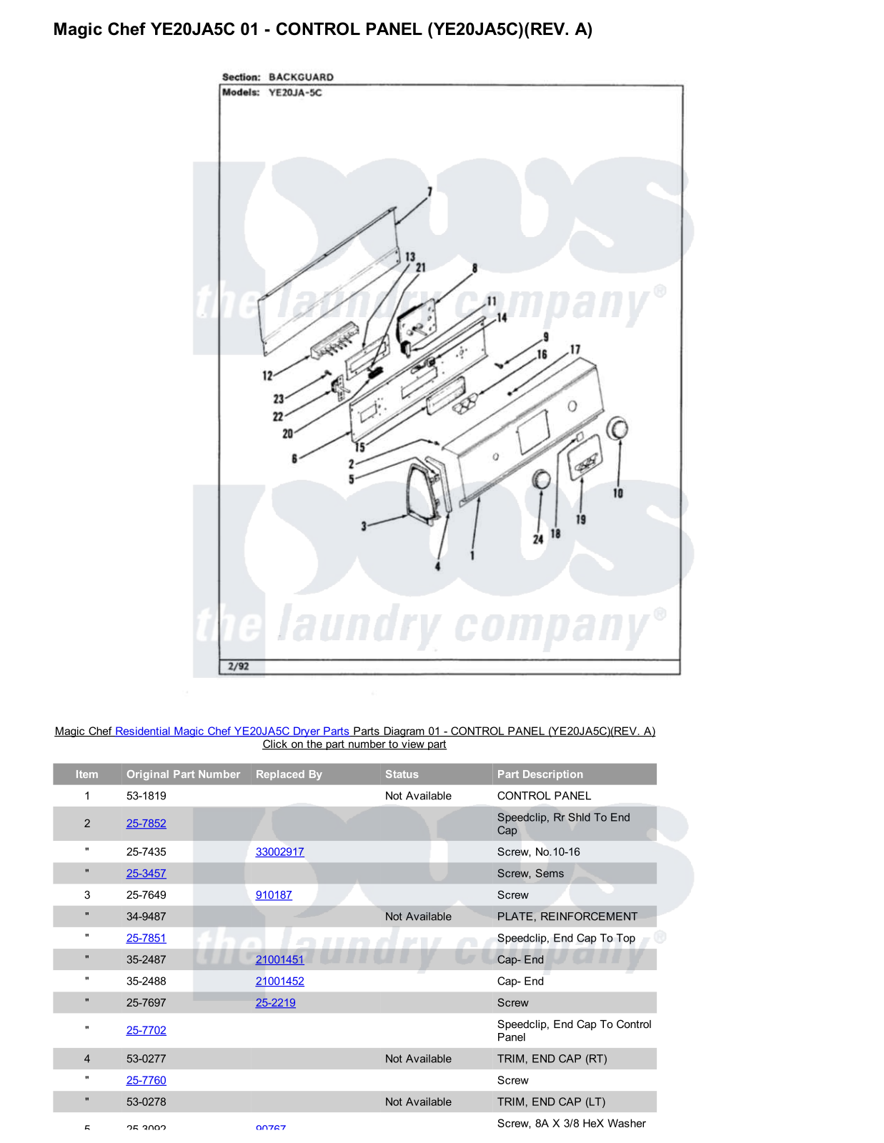 Magic Chef YE20JA5C Parts Diagram