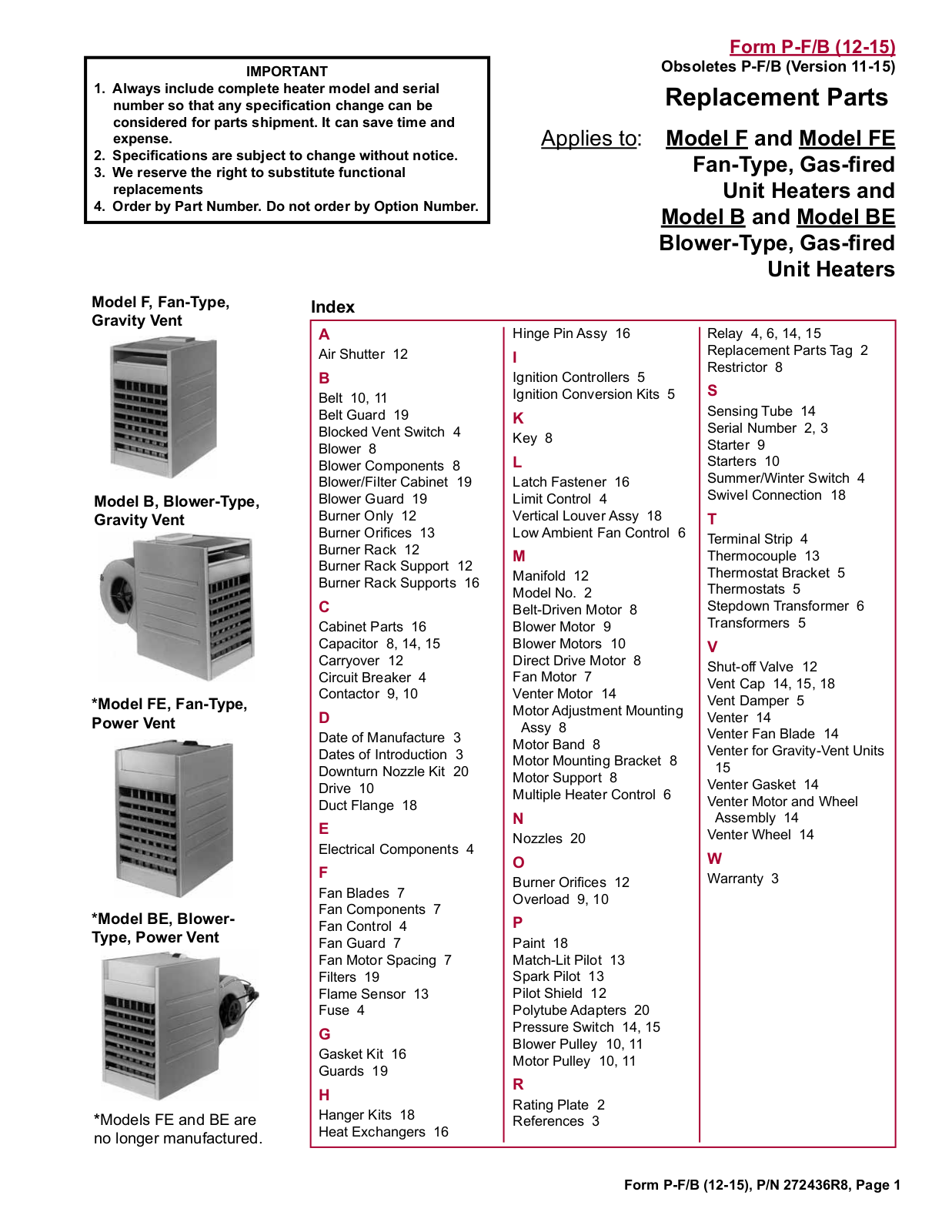 Reznor B-130 Parts List