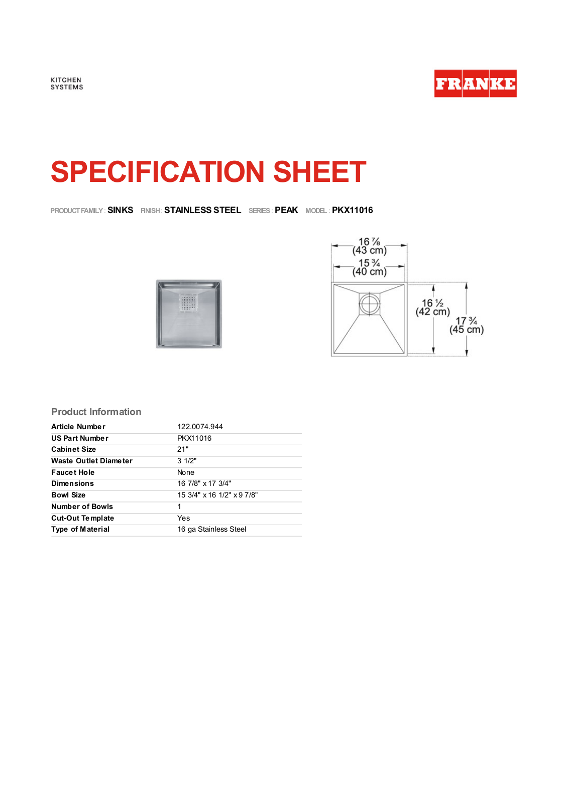 Franke Foodservice PKX11016 User Manual