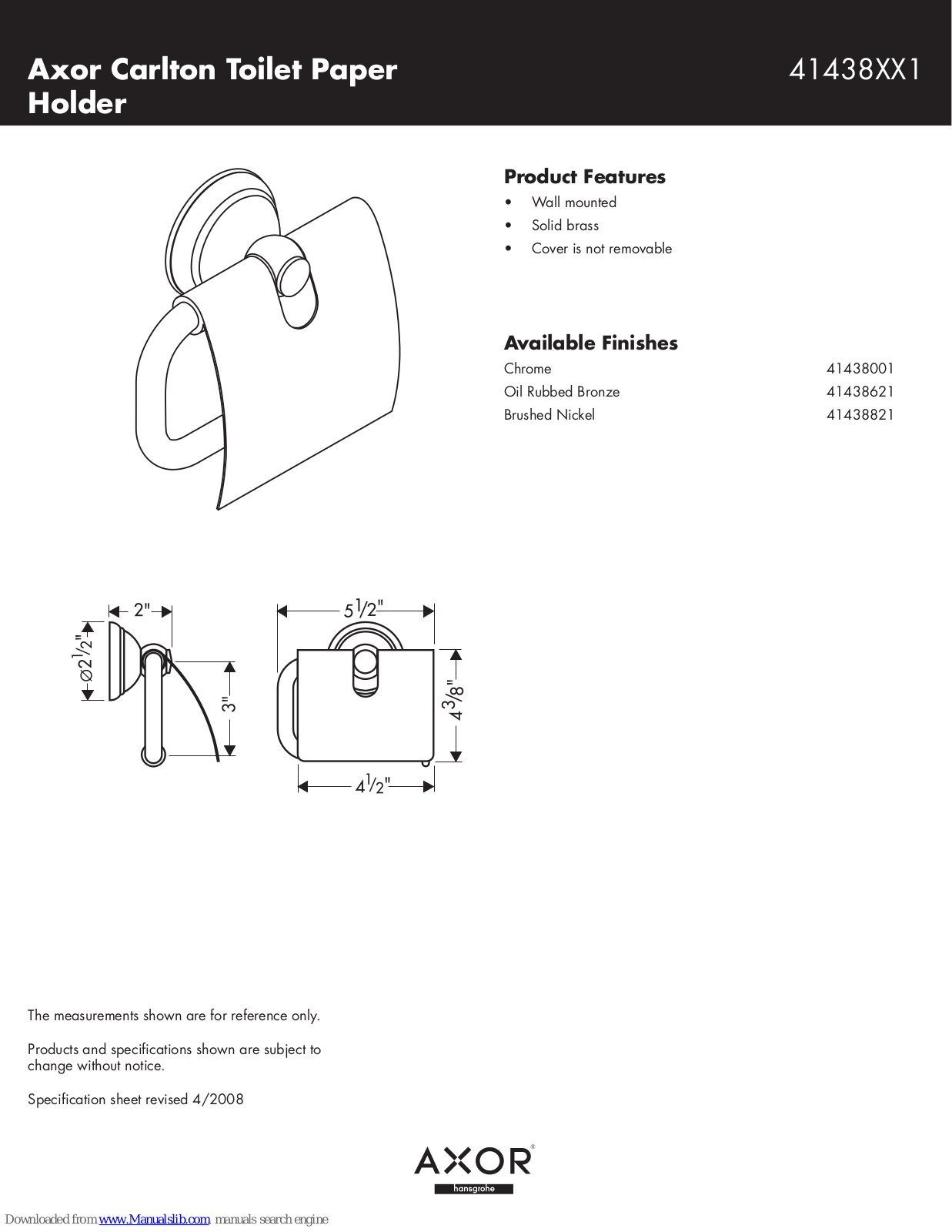 Axor 41438001, 41438621, 41438821 Specification Sheet