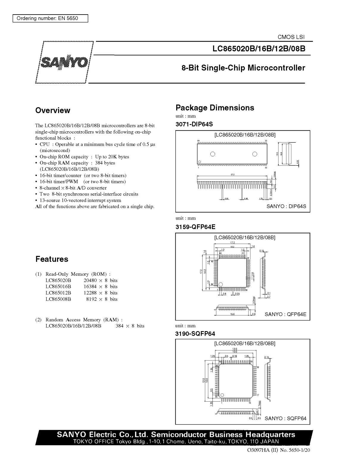 SANYO LC865020B, LC865016B, LC865008B, LC865012B Datasheet