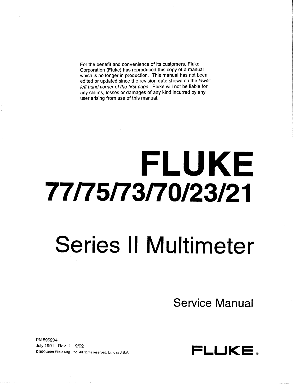 Fluke 21, 23, 75, 77, 73 Service Manual