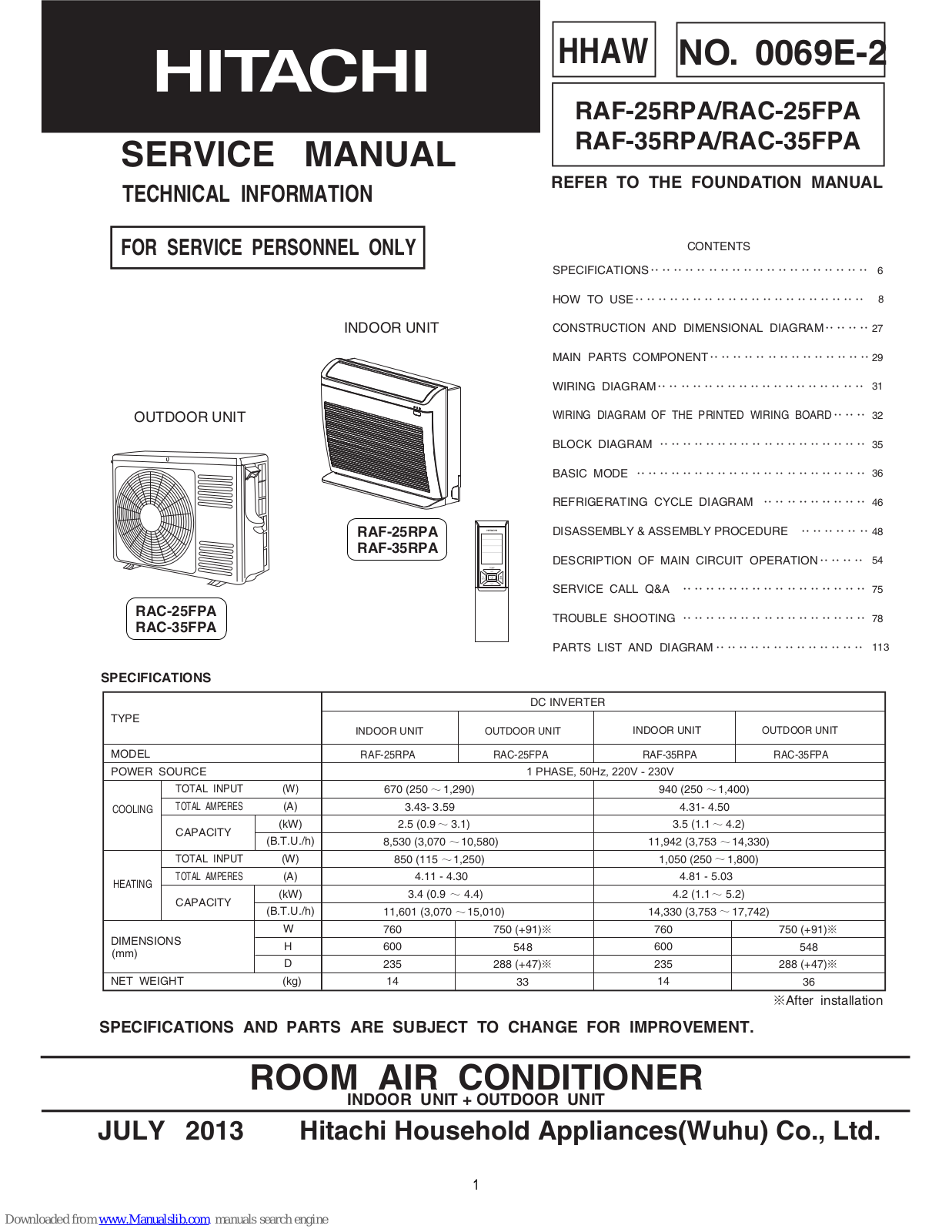 Hitachi RAF-25RPA, RAC-25FPA, RAF-35RPA, RAC-35FPA Service Manual