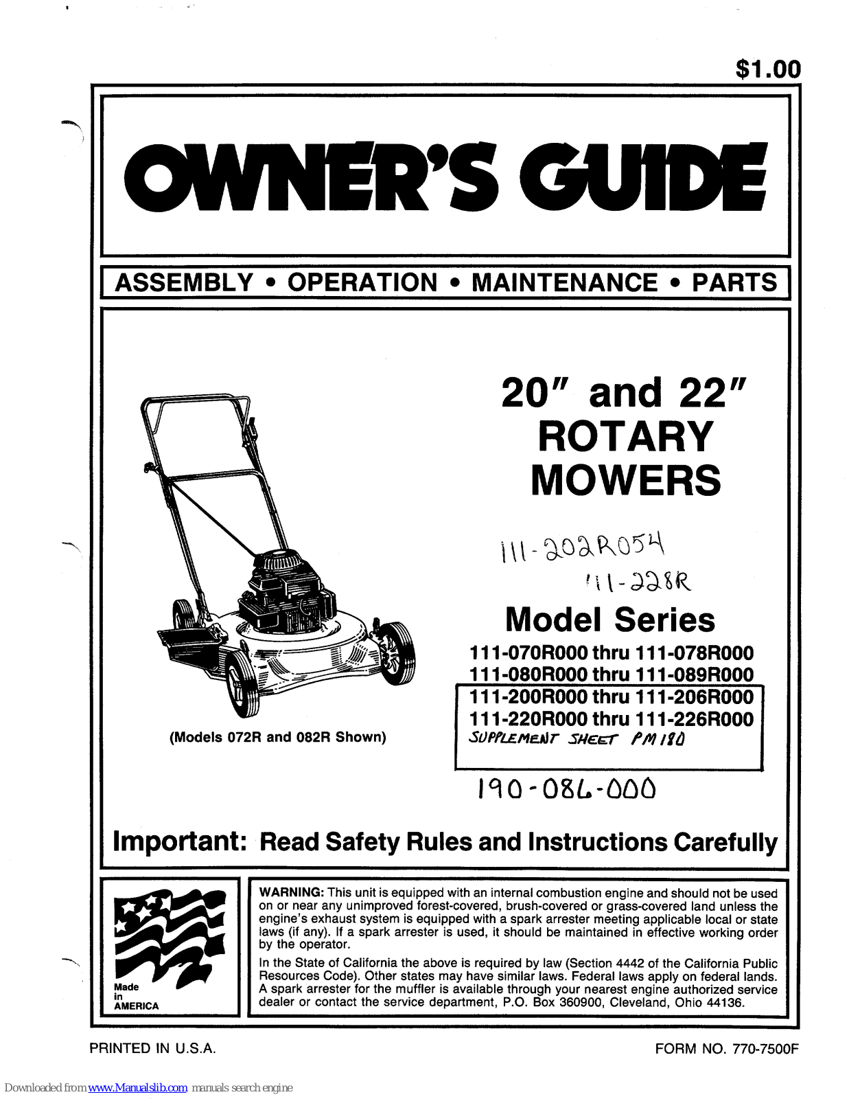 MTD 117-070R000, 111-080R000, 111-089R000, 111-078R000, 111-200R000 Owner's Manual