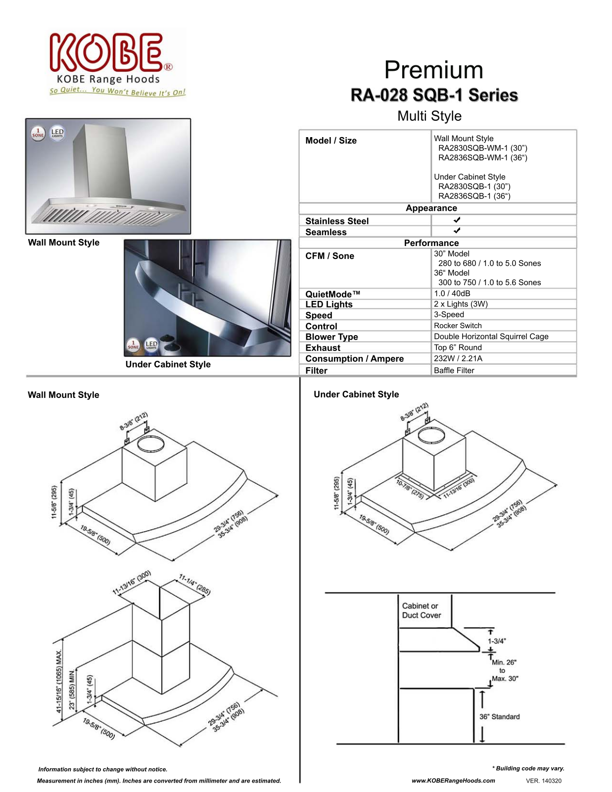 Kobe RA2830SQBWM1, RA2830SQB1 Specifications