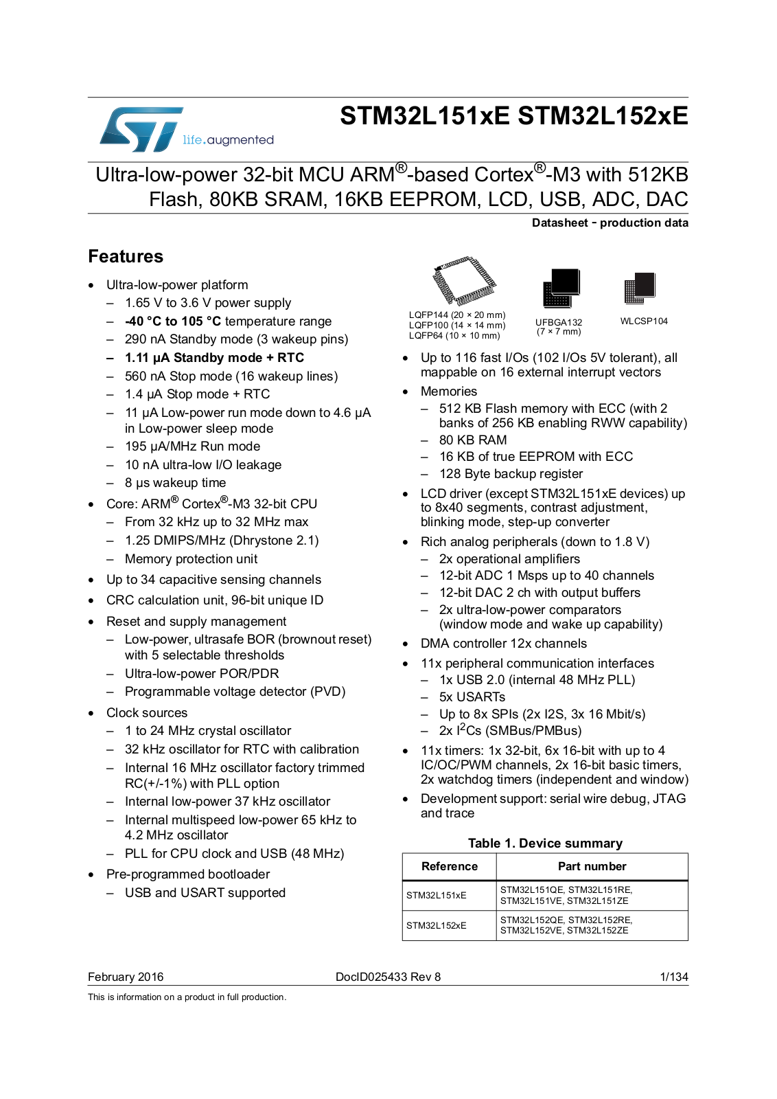 STMicroelectronics STM32L151QE, STM32L152RE, STM32L151VE, STM32L151ZE, STM32L152VE User Manual