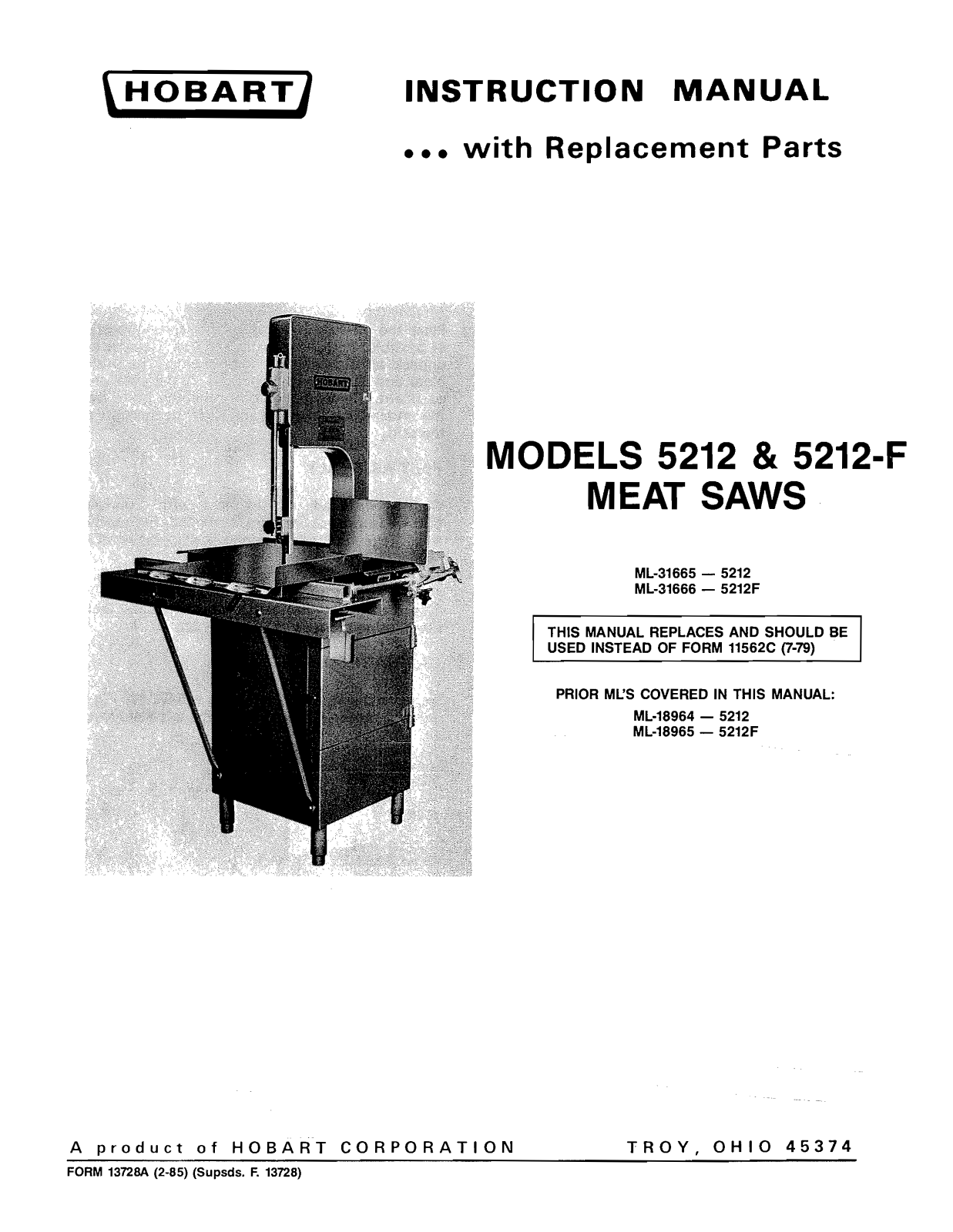 Hobart Food Machines 5212F Installation  Manual