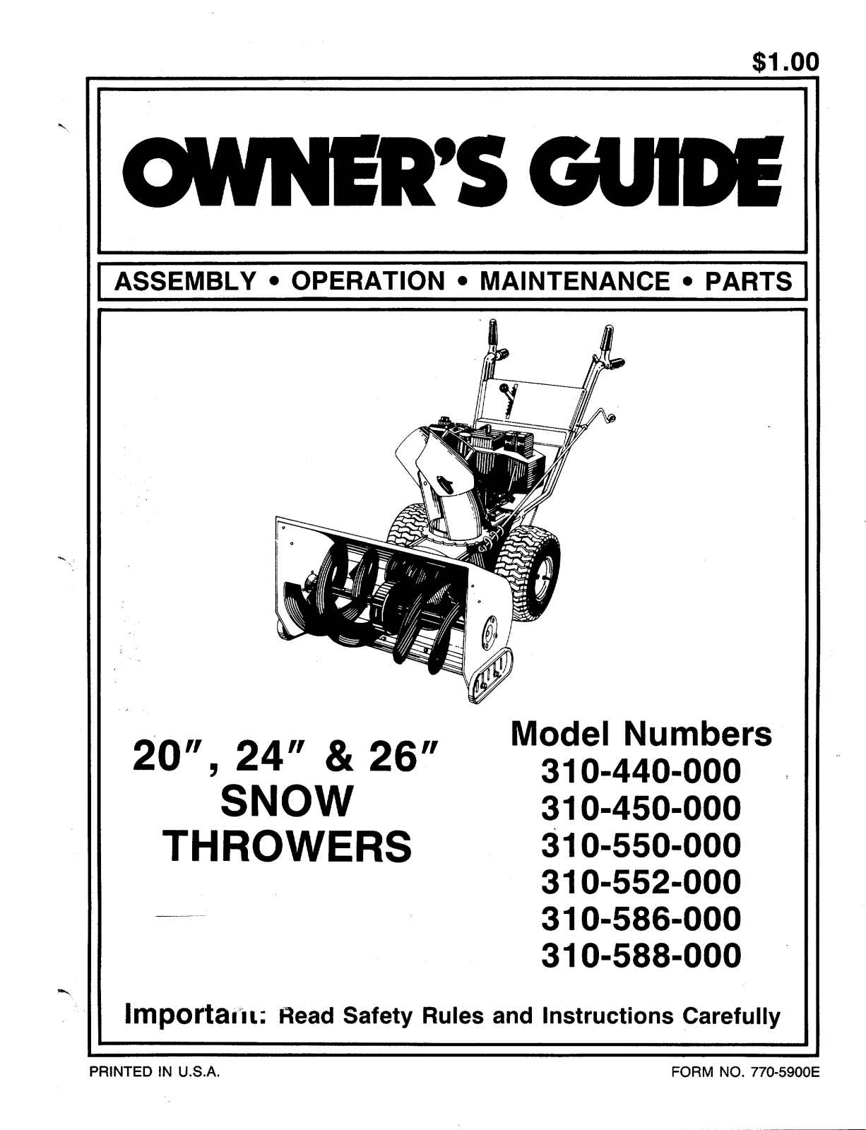 Mtd 310-440-000, 310-450-000, 310-550-000, 310-552-000, 310-586-000 owners guide