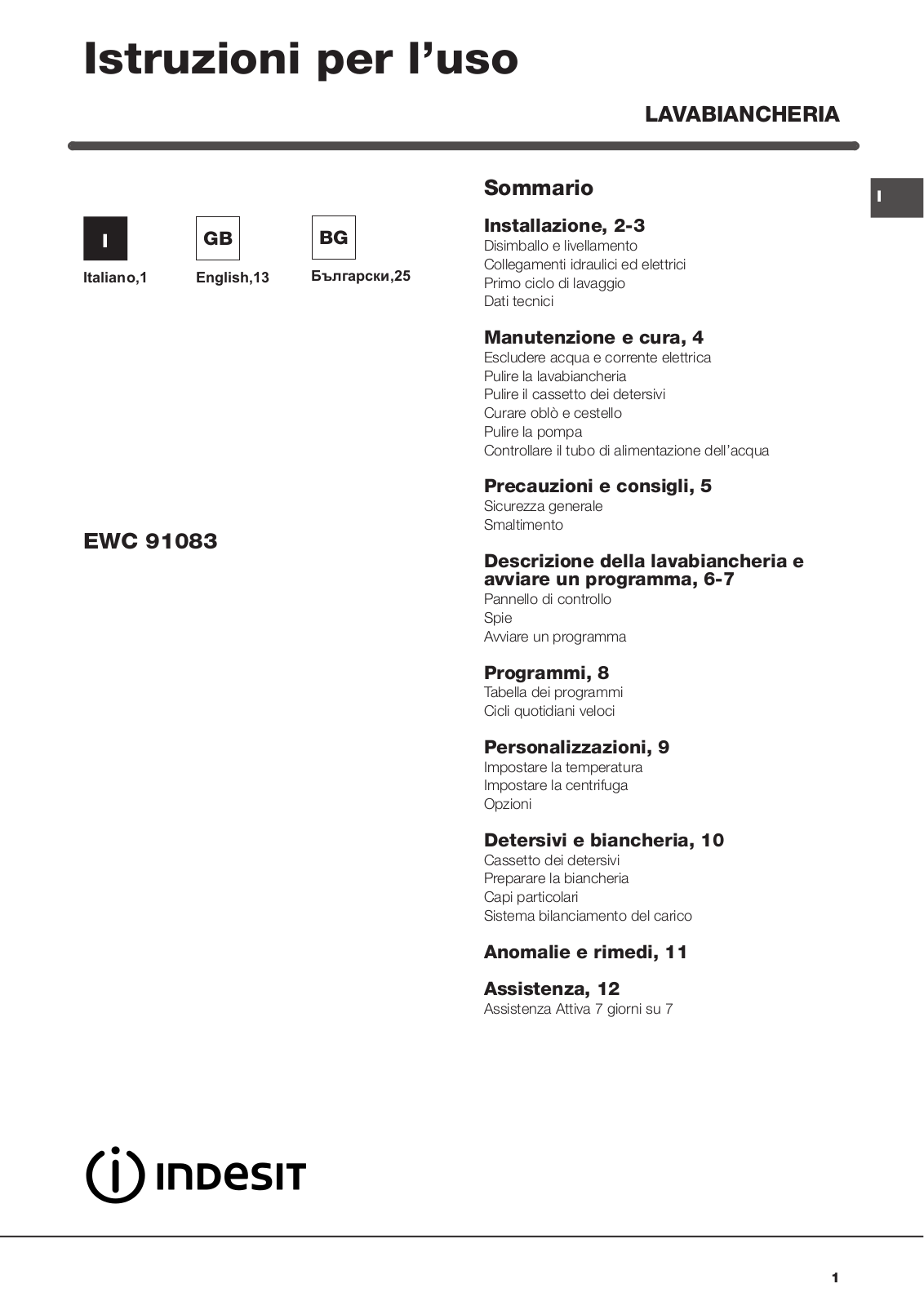 INDESIT EWC 91083 BS IT User Manual