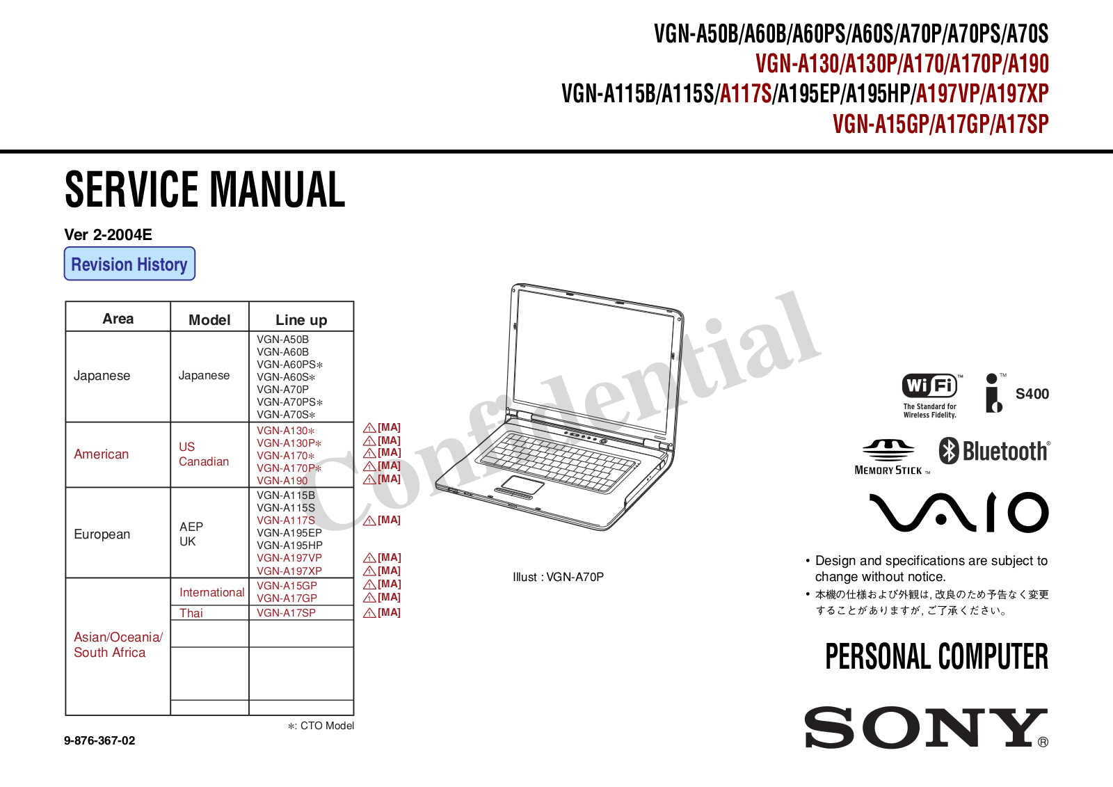 SONY VGN-A50, VGN-A60, VGN-A70, VGN-A130, VGN-A170 Service Manual