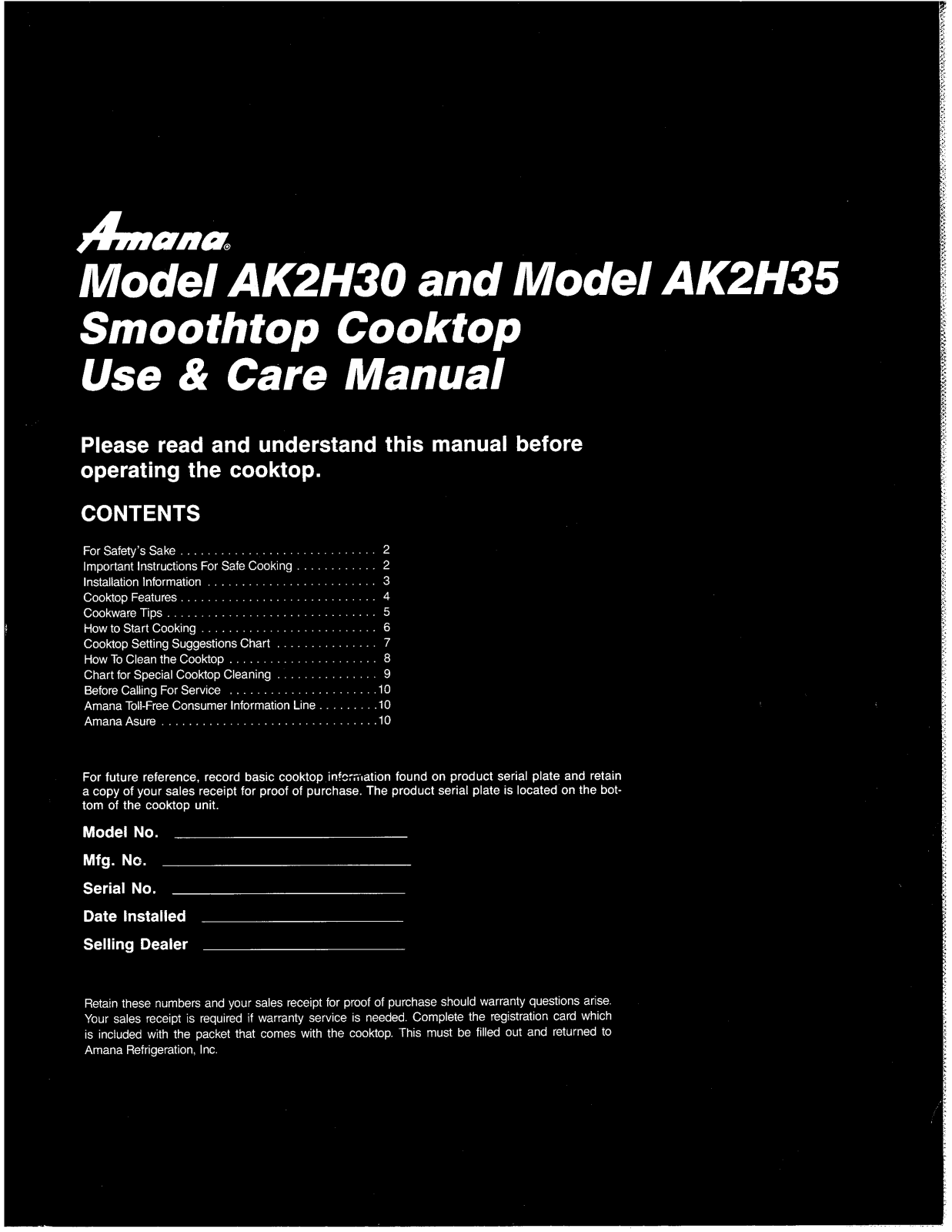 Amana AK2H30, AK2H35 Owner's Manual