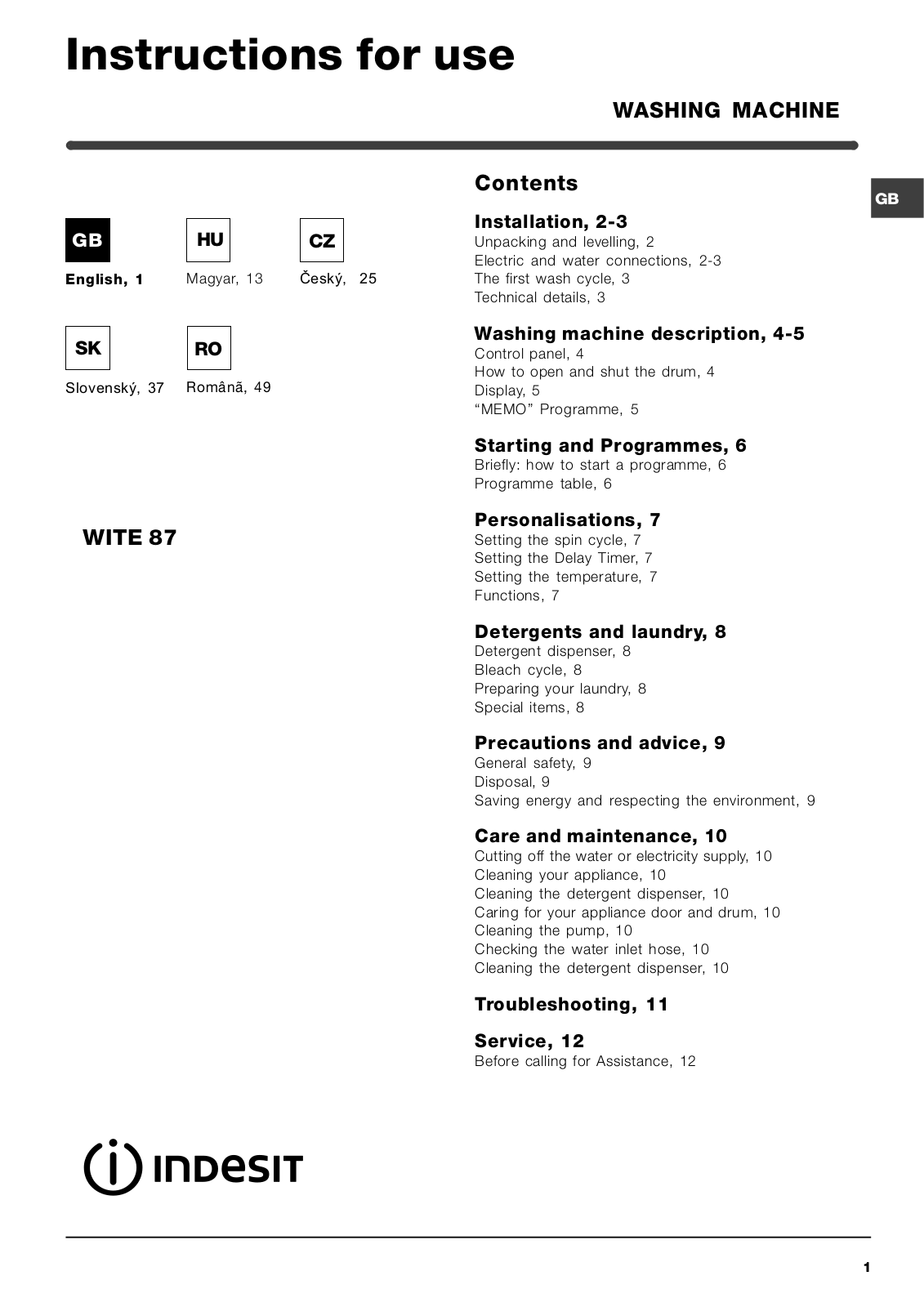 Indesit WITE 87 User Manual