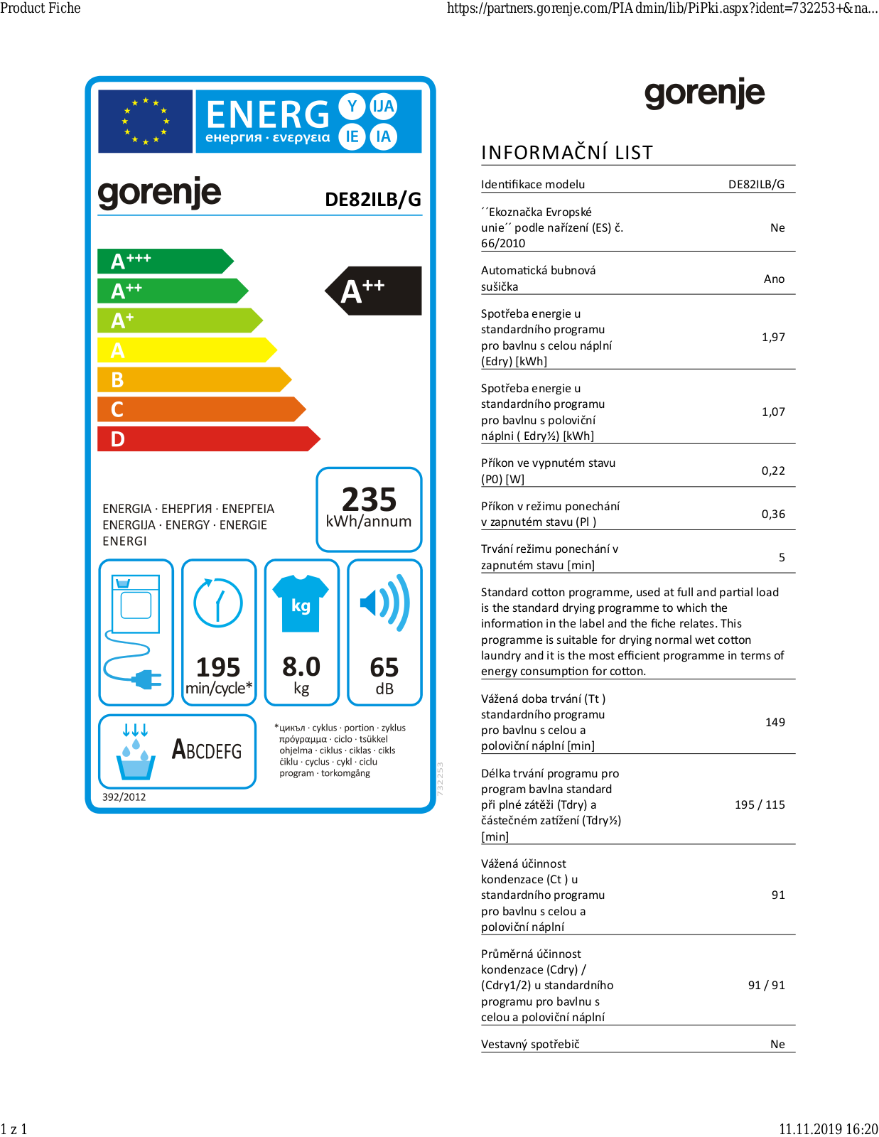 Gorenje DE82ILB Product sheet