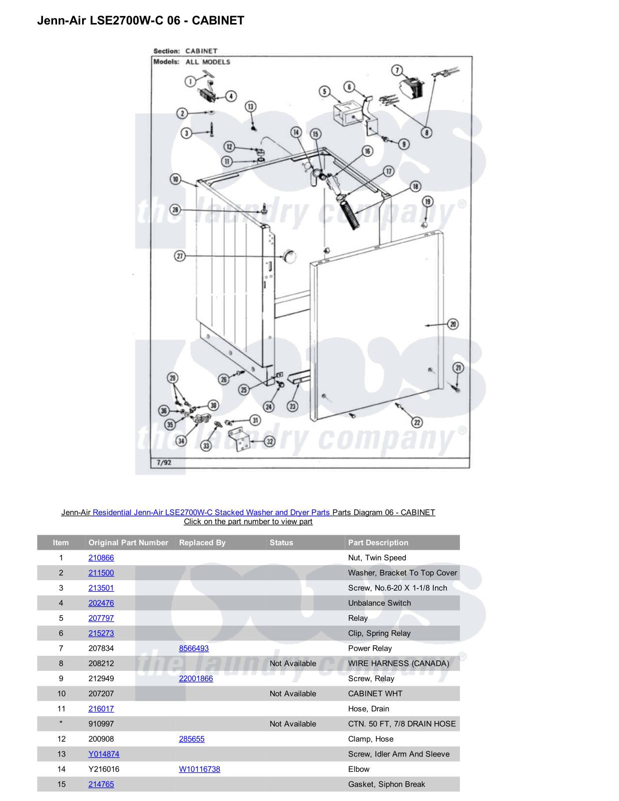 Jenn-Air LSE2700W-C Stacked and Parts Diagram