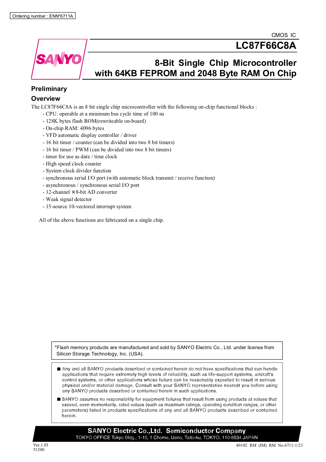 SANYO LC87F66C8A Datasheet