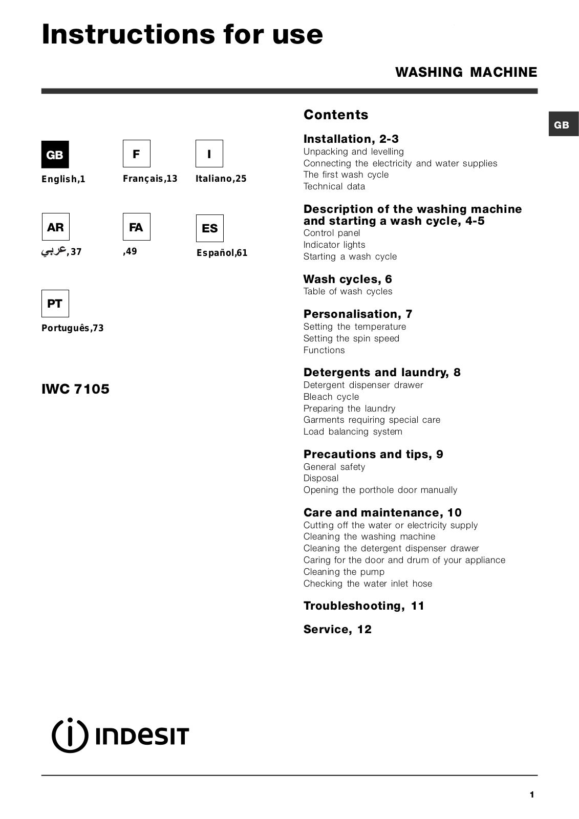 Indesit IWC7105 User Manual