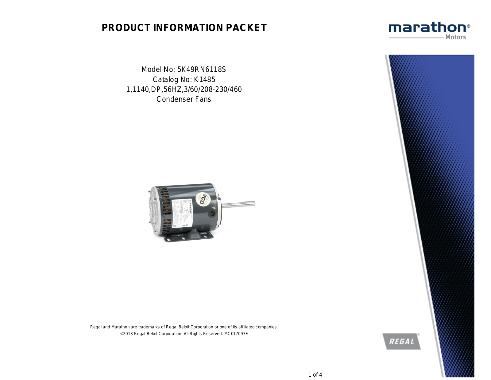 Marathon Electric 5K49RN6118S Product Information Packet