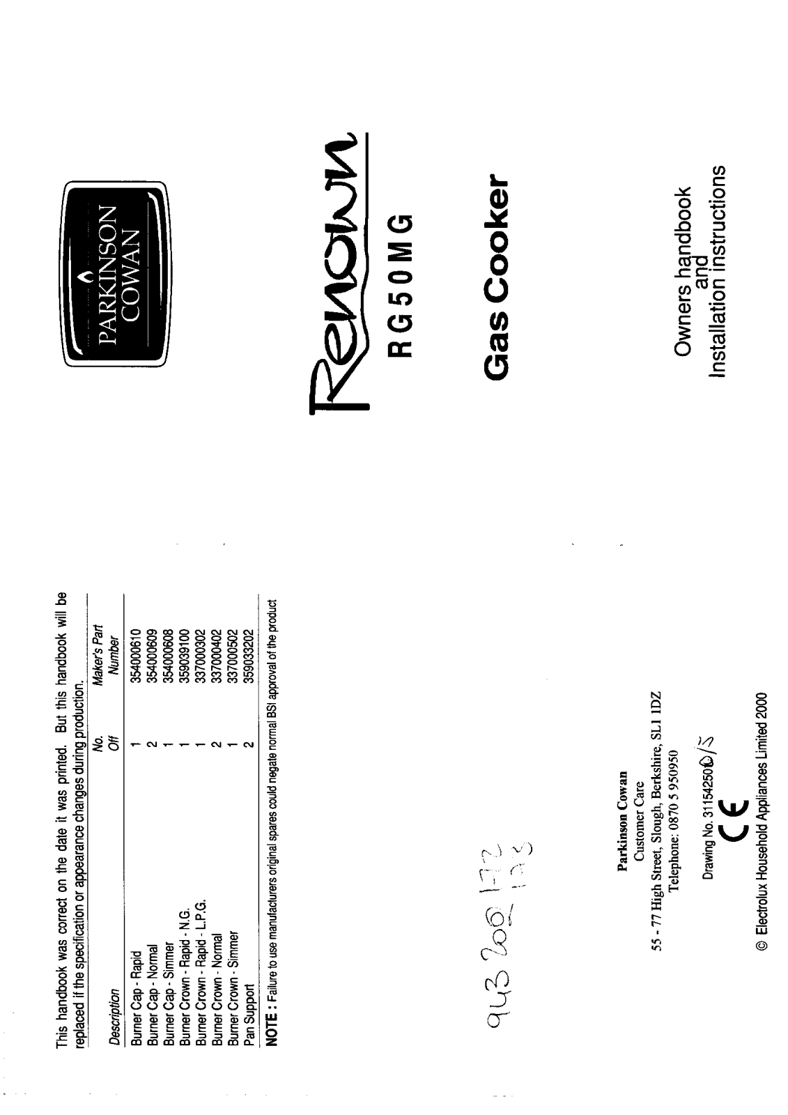 Parkinson cowan RENOWNRG50GL Instruction book