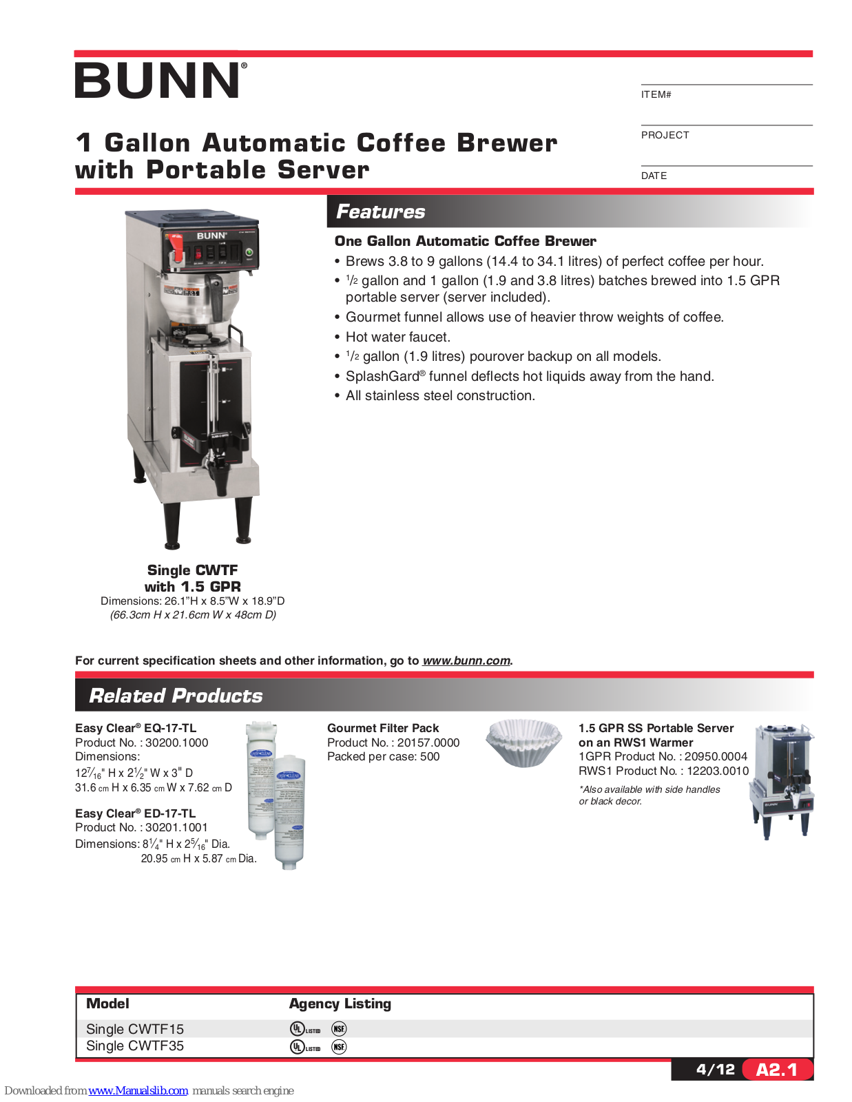 Bunn Single CWTF35 Specifications - ManualMachine.com