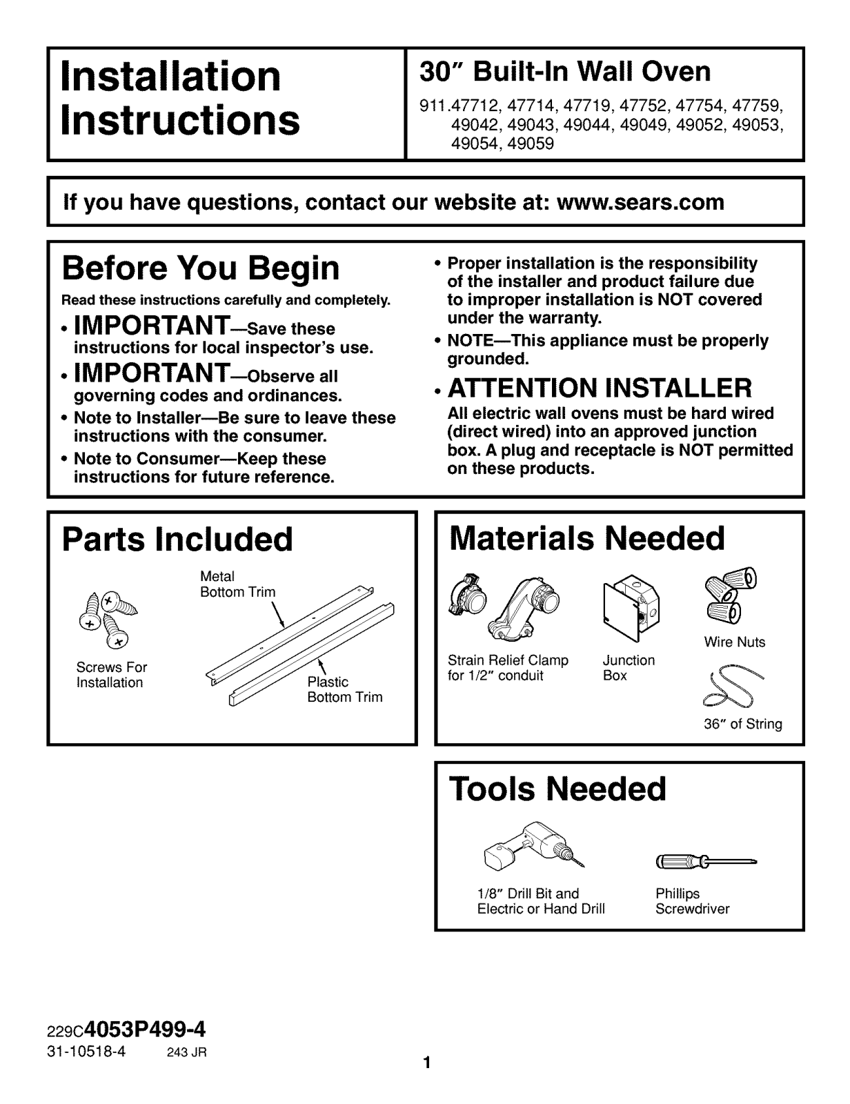 Kenmore 91149053200, 91149054200, 91149059200, 91149049200, 91149052200 Installation Guide - ManualMachine.com