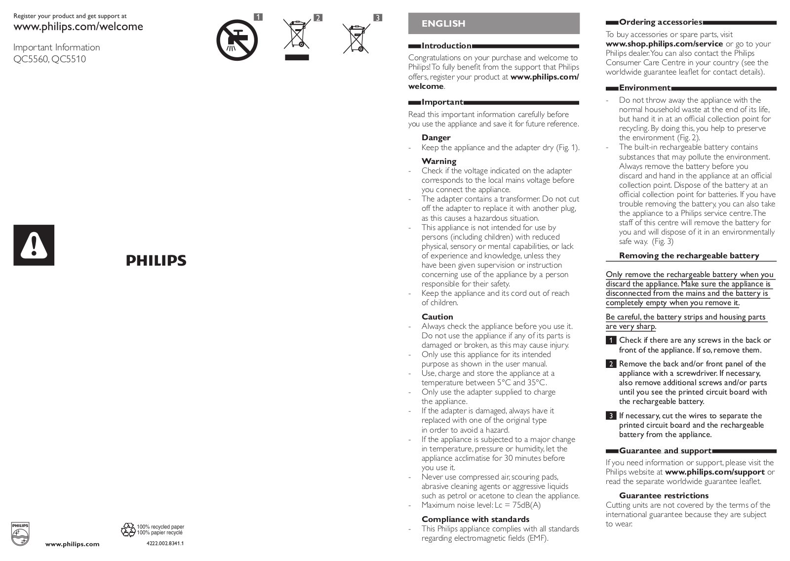 Philips QC5560/40, QC5510/65 Important Information Manual