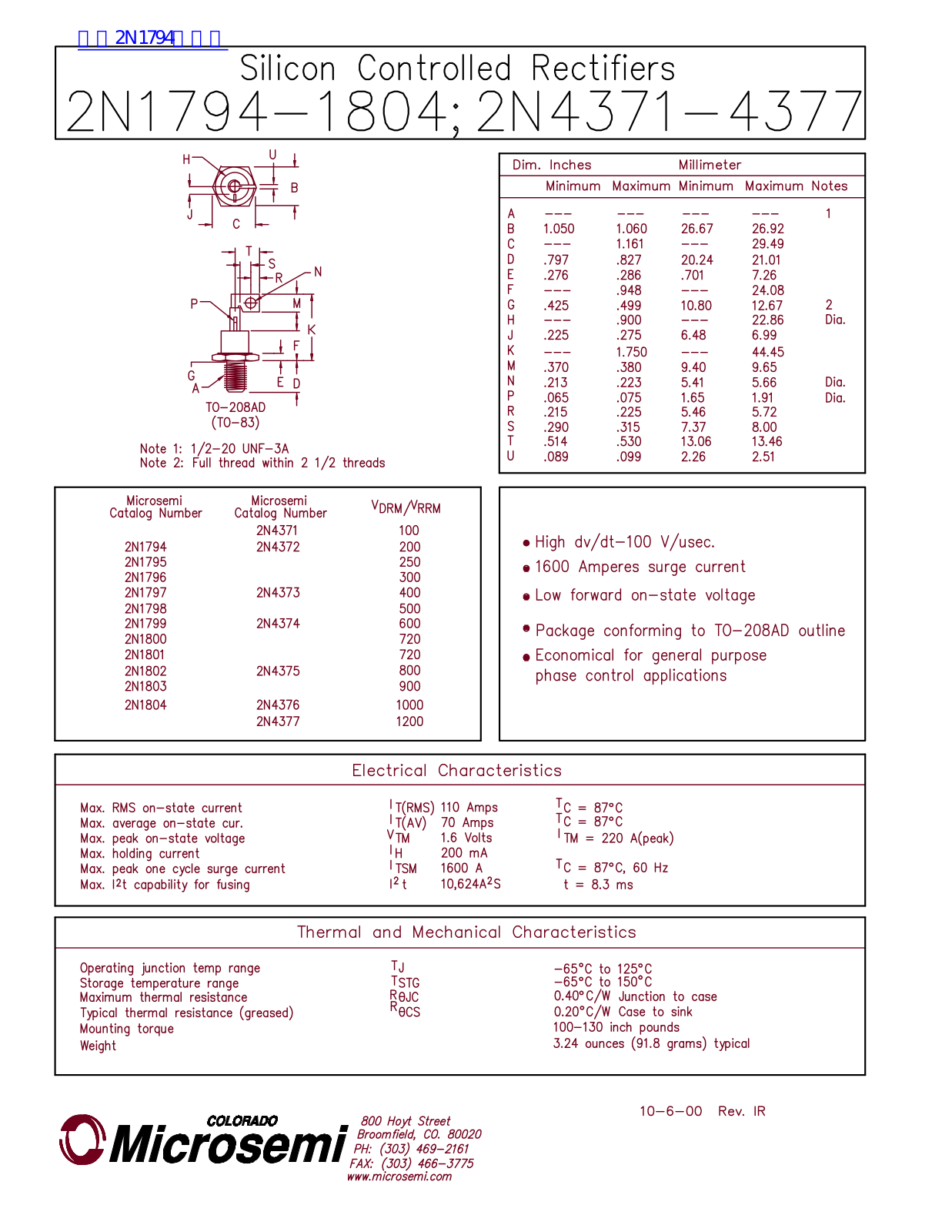 Microsemi 2N1794-1804, 2N4371-4377 User Manual