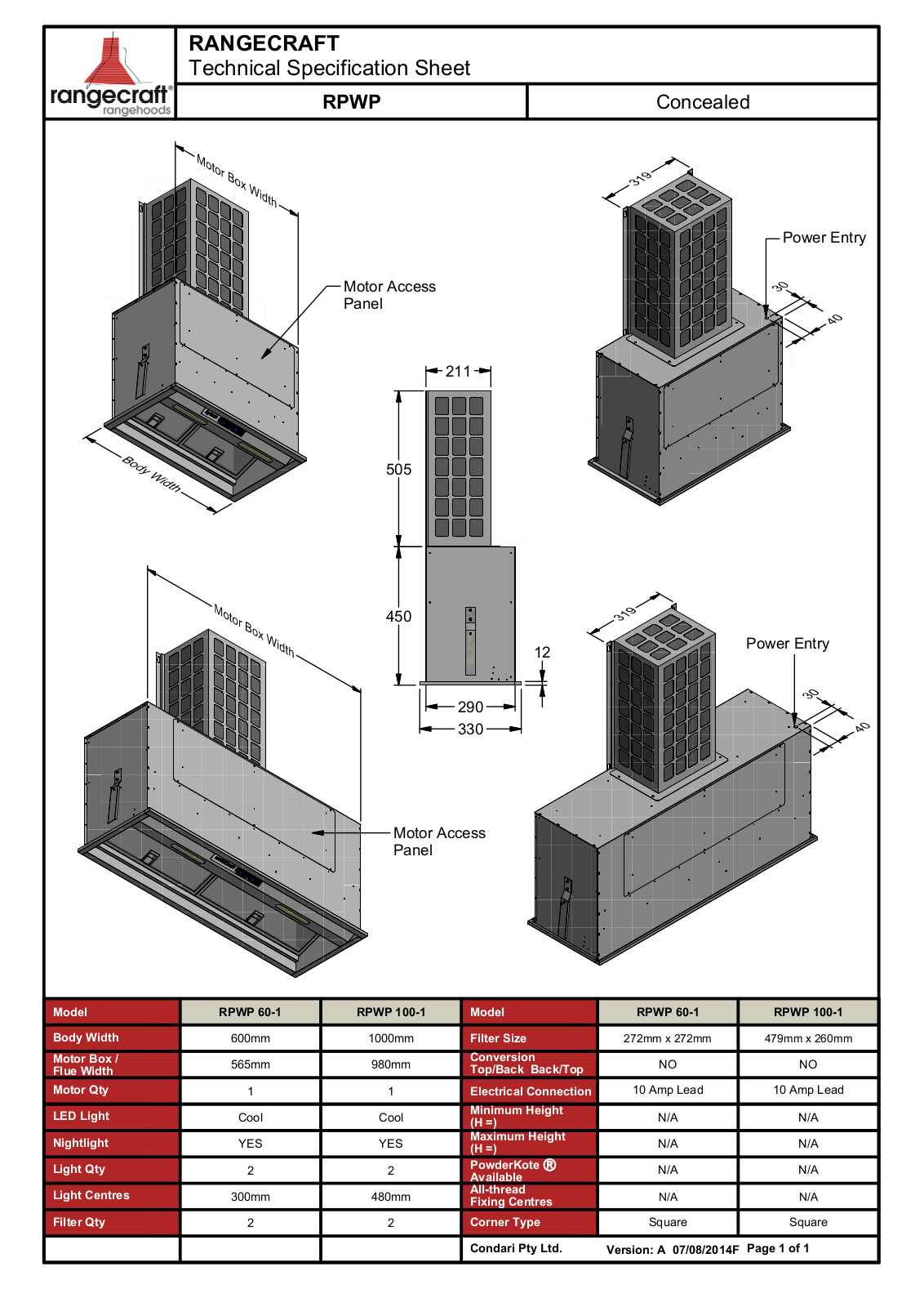 Qasair RPWP1001T, RPWP601T Specifications Sheet