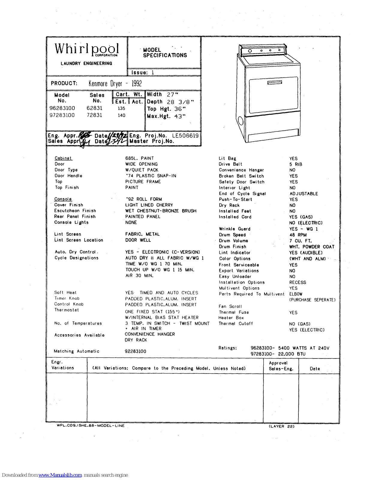 Kenmore 96283100, 97283100 Specifications - ManualMachine.com