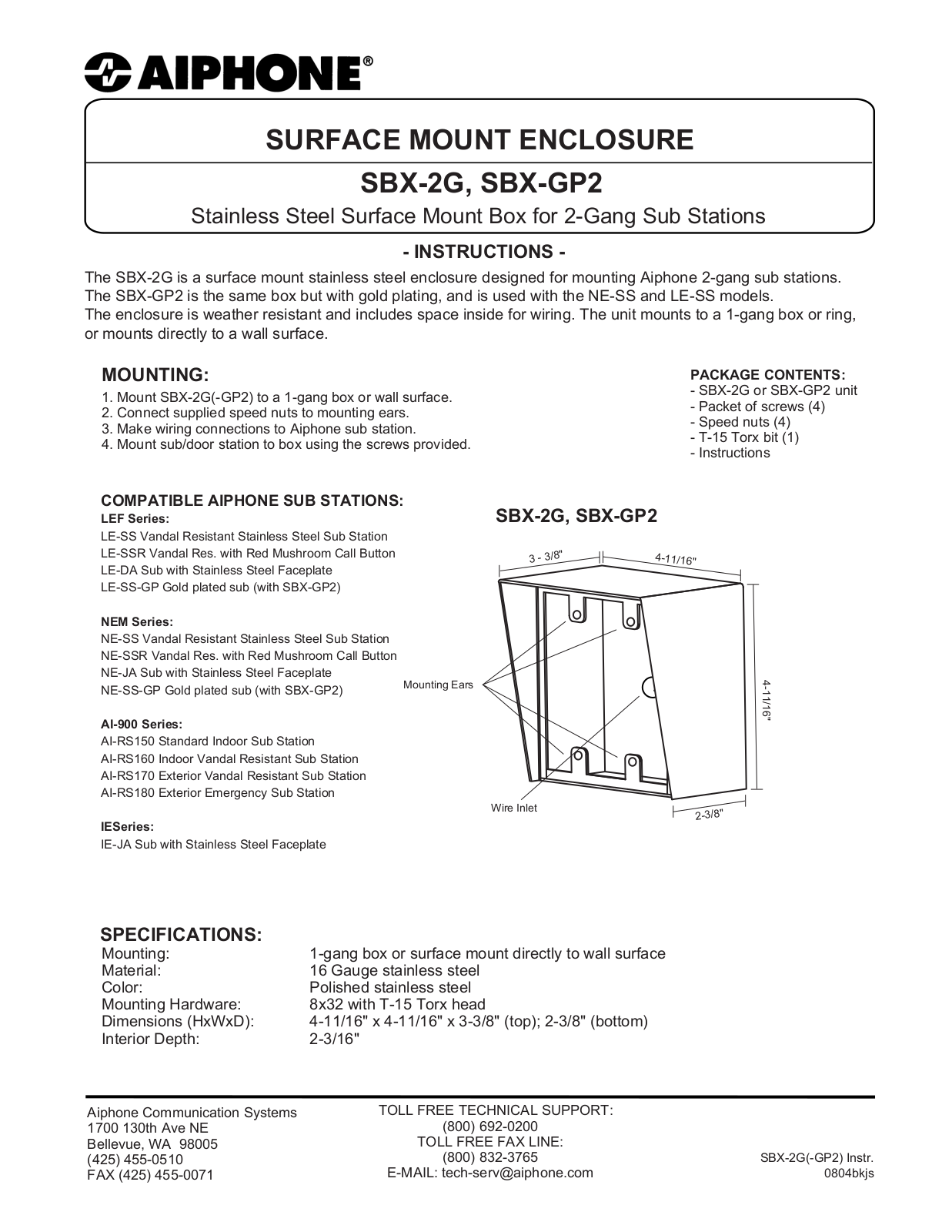 Aiphone SBX-GP2 Instruction Manual