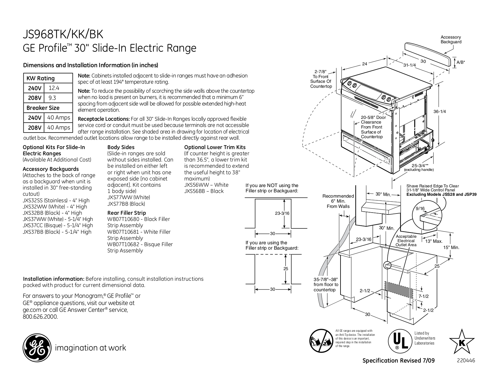 GE JS968TK, JS968KK, JS968BK Specification