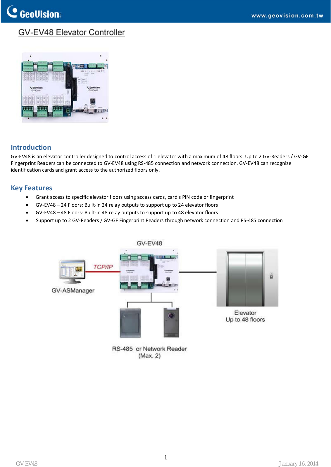 GeoVision EV48 Elevator Controller User Manual