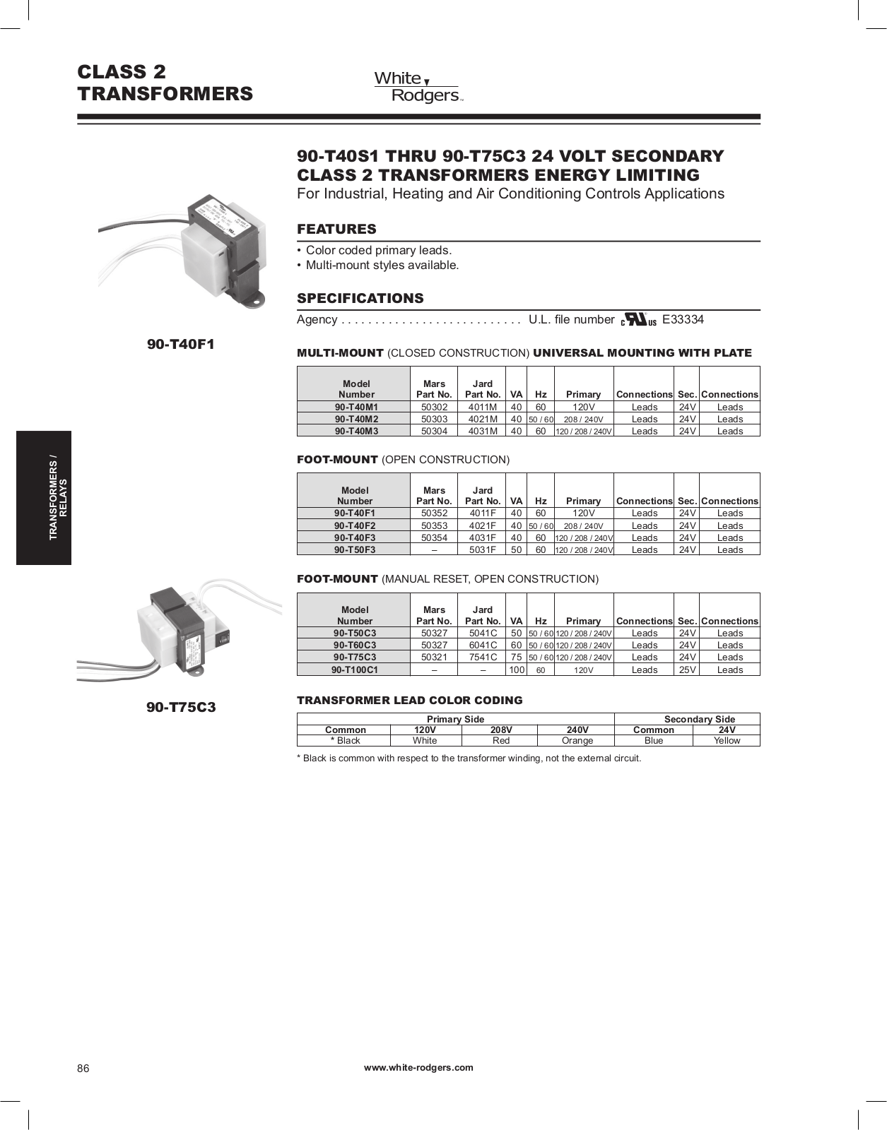 White Rodgers 90-T40M1, 90-T40M2 Catalog Page