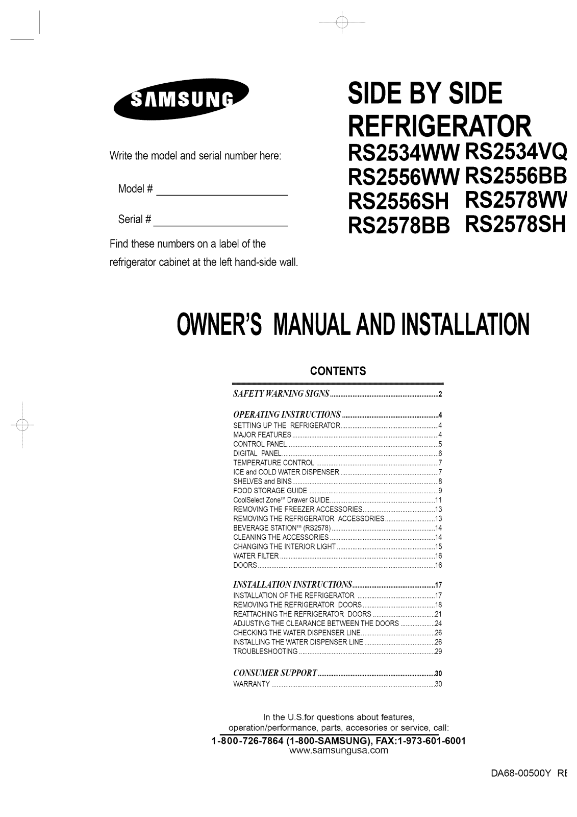 Samsung RS2556BB/XAA-00, RS2578BB/XAA, RS2534BB/XAA, RS2578WW/XAA-00, RS2578SH/XAA-00 Owner’s Manual