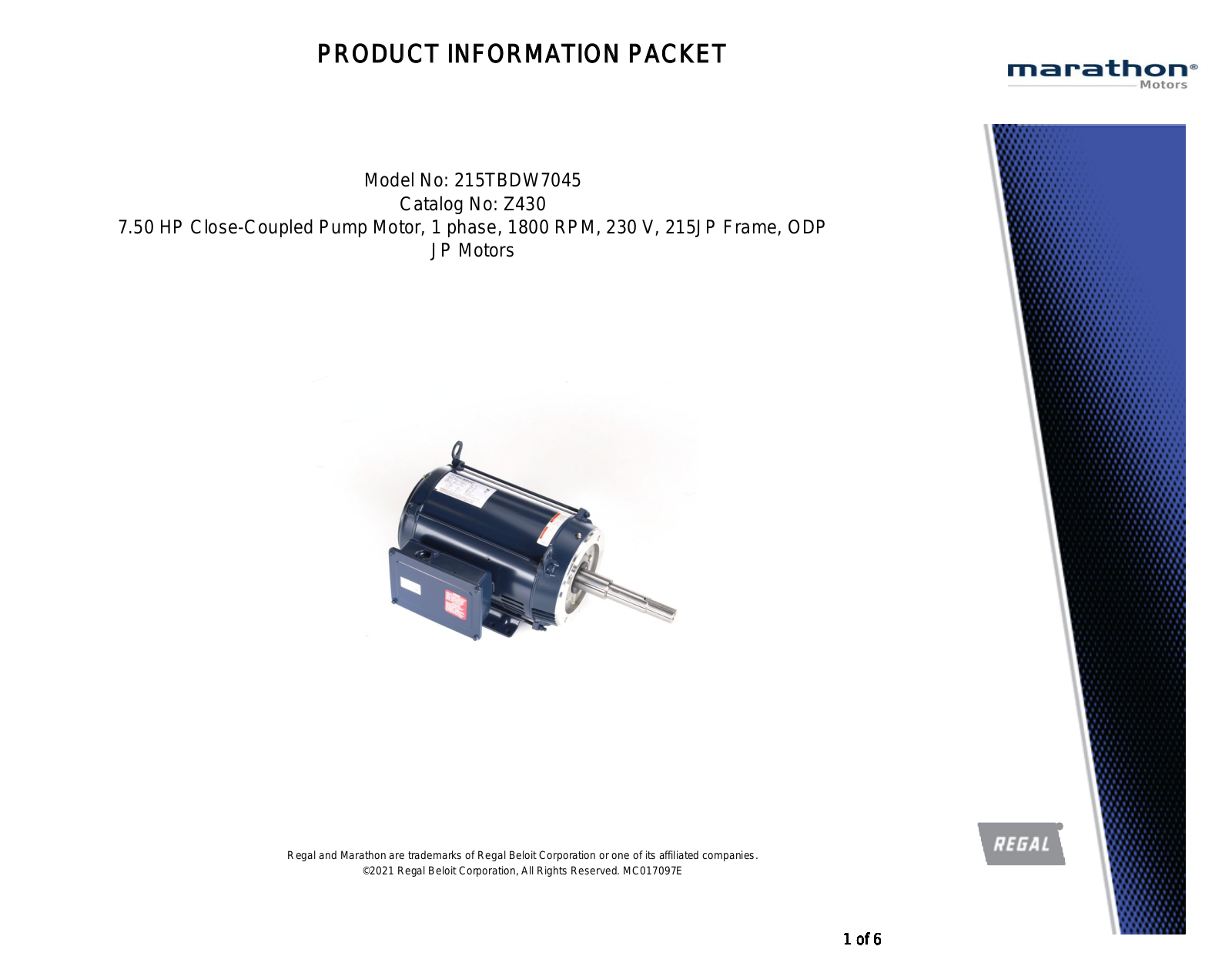 Marathon Electric Z430 Product Information Packet