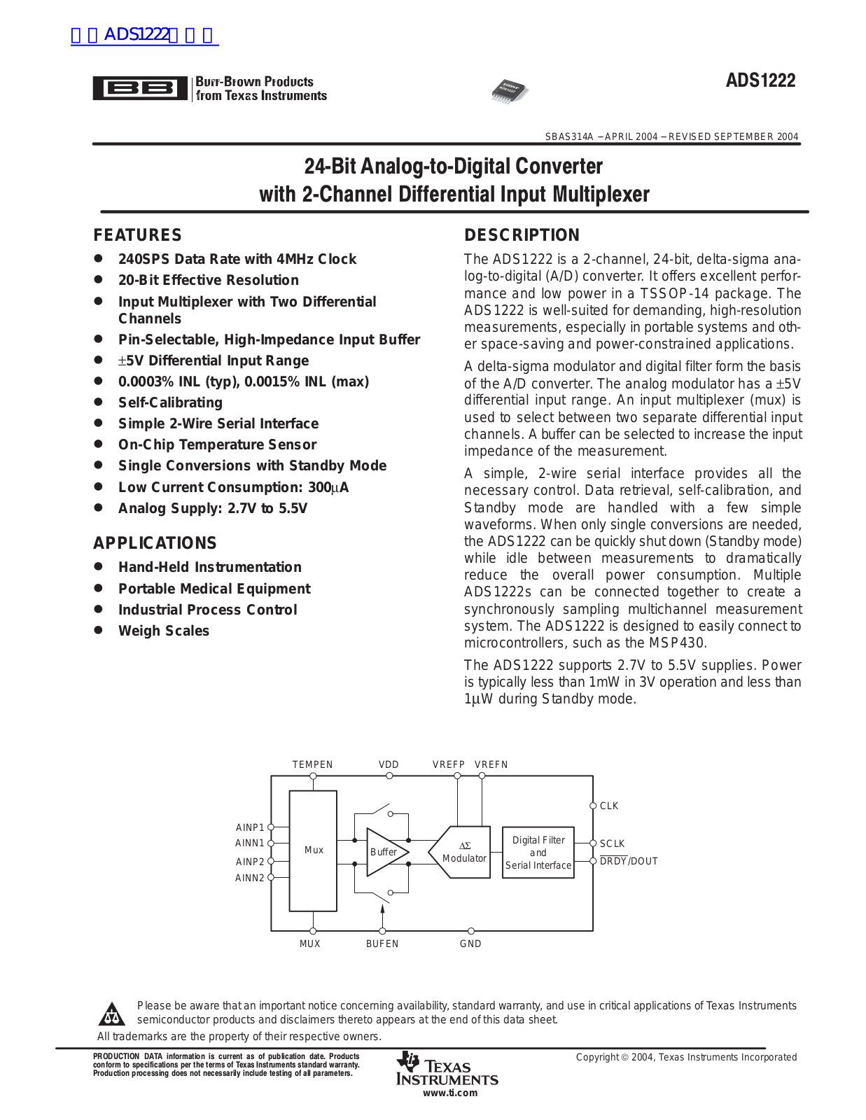 TEXAS INSTRUMENTS ADS1222 Technical data