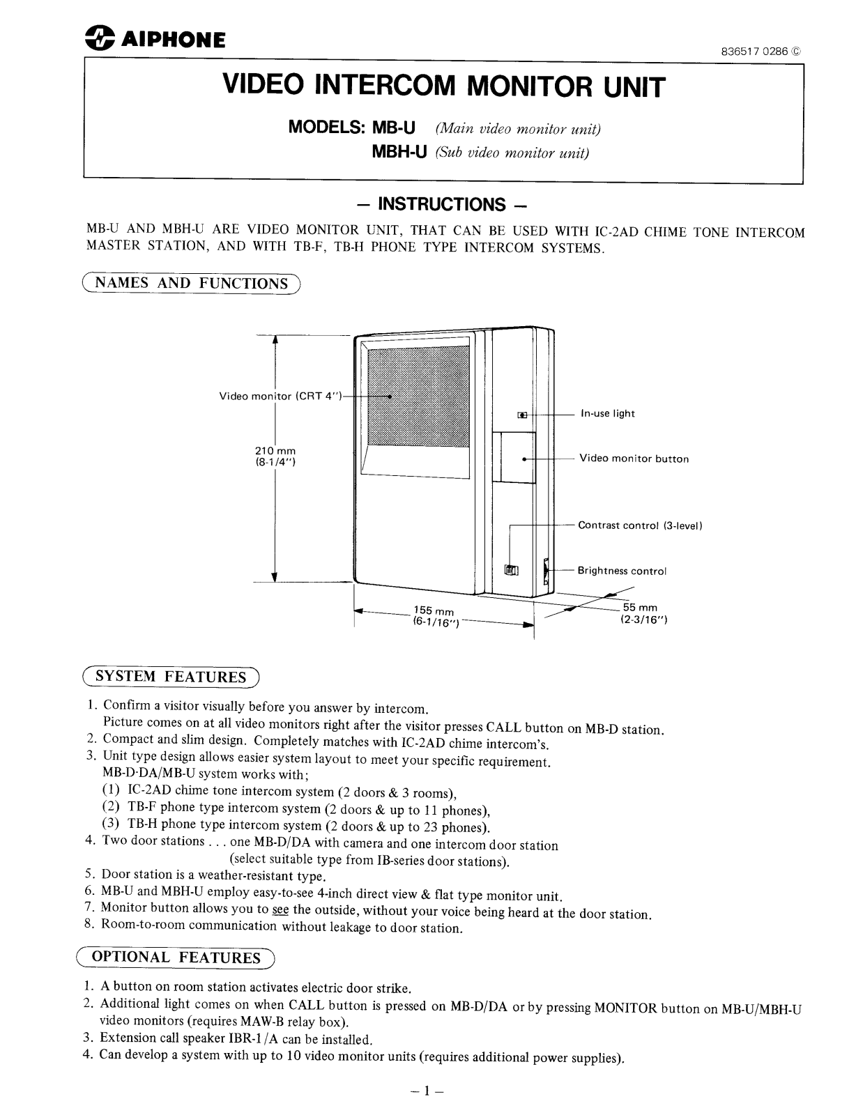 Aiphone MBH-U User Manual