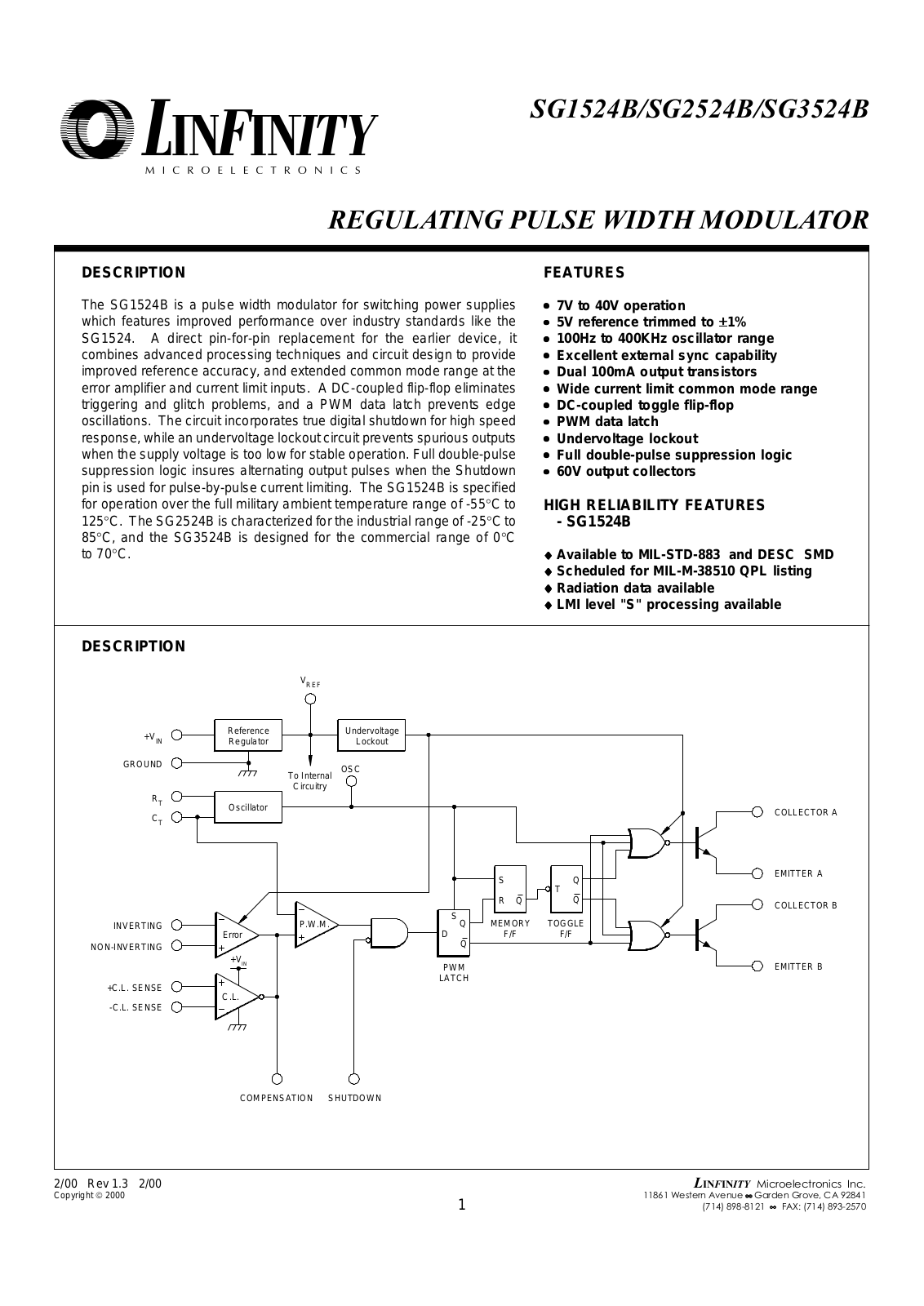 Microsemi Corporation SG1524BF, SG1524BF-883B, SG1524BJ, SG1524BJ-883B, SG1524BJ-DESC Datasheet