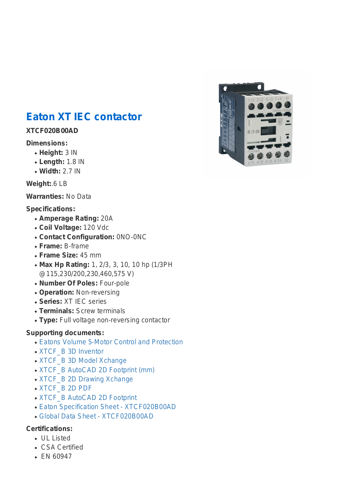 Cutler Hammer, Div of Eaton Corp XTCF020B00AD Data Sheet