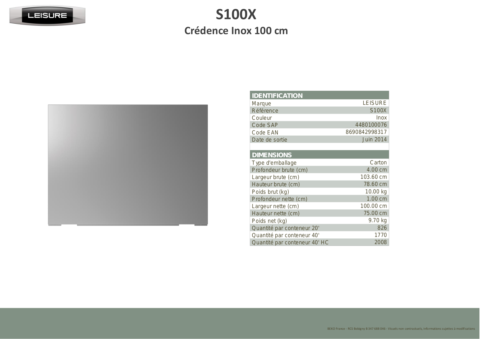 Leisure S100X product sheet