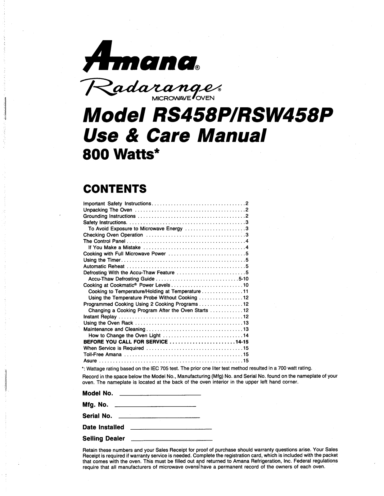 Amana RS458P Owner's Manual