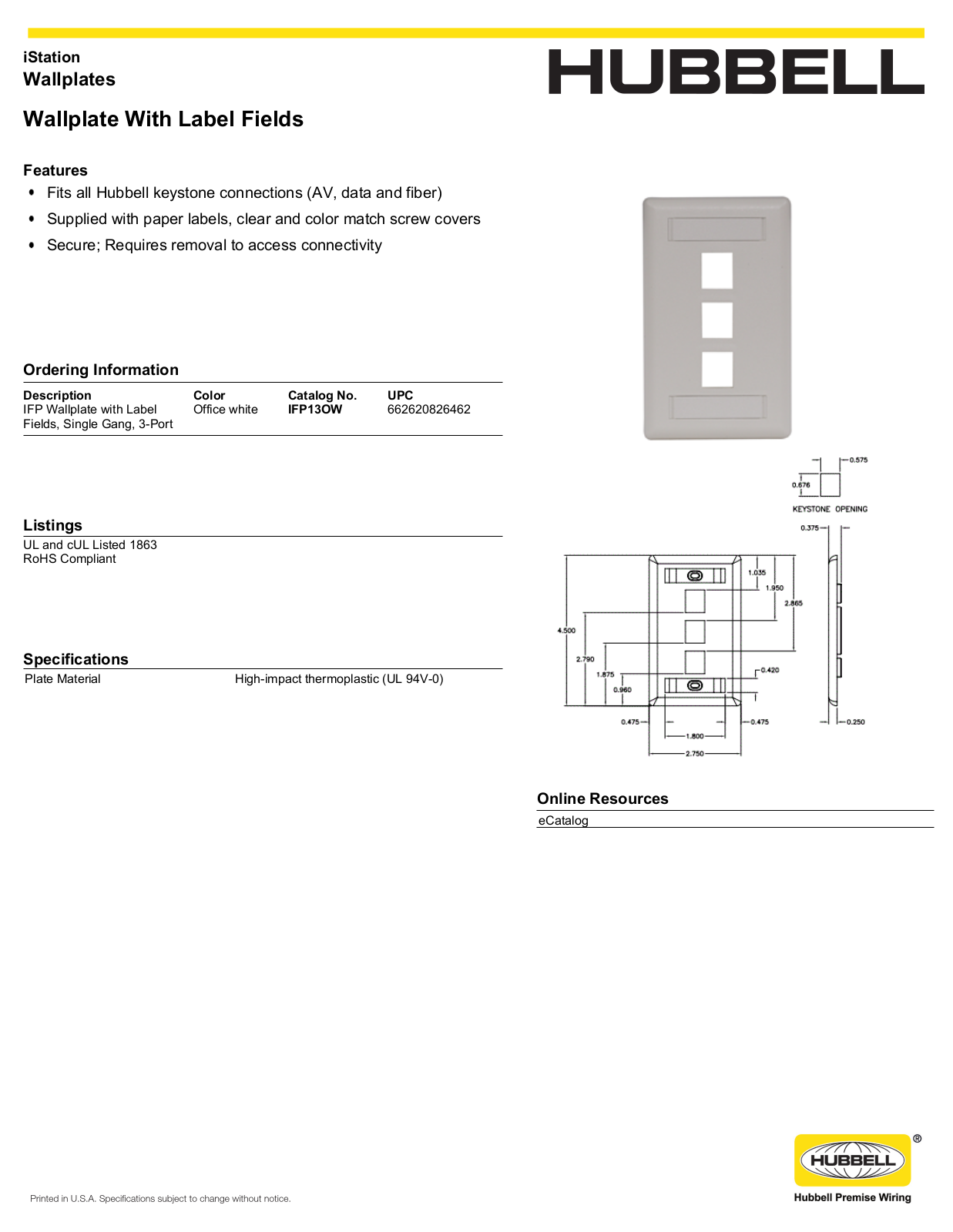 Hubbell IFP13OW Specifications