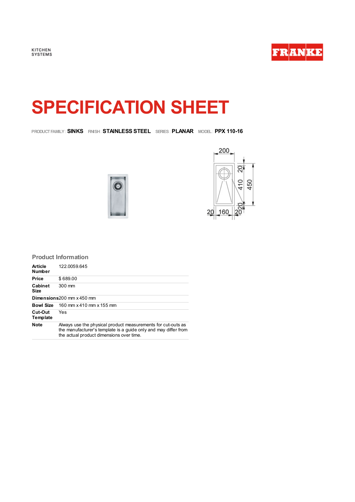 Franke Foodservice PPX 110-16 User Manual