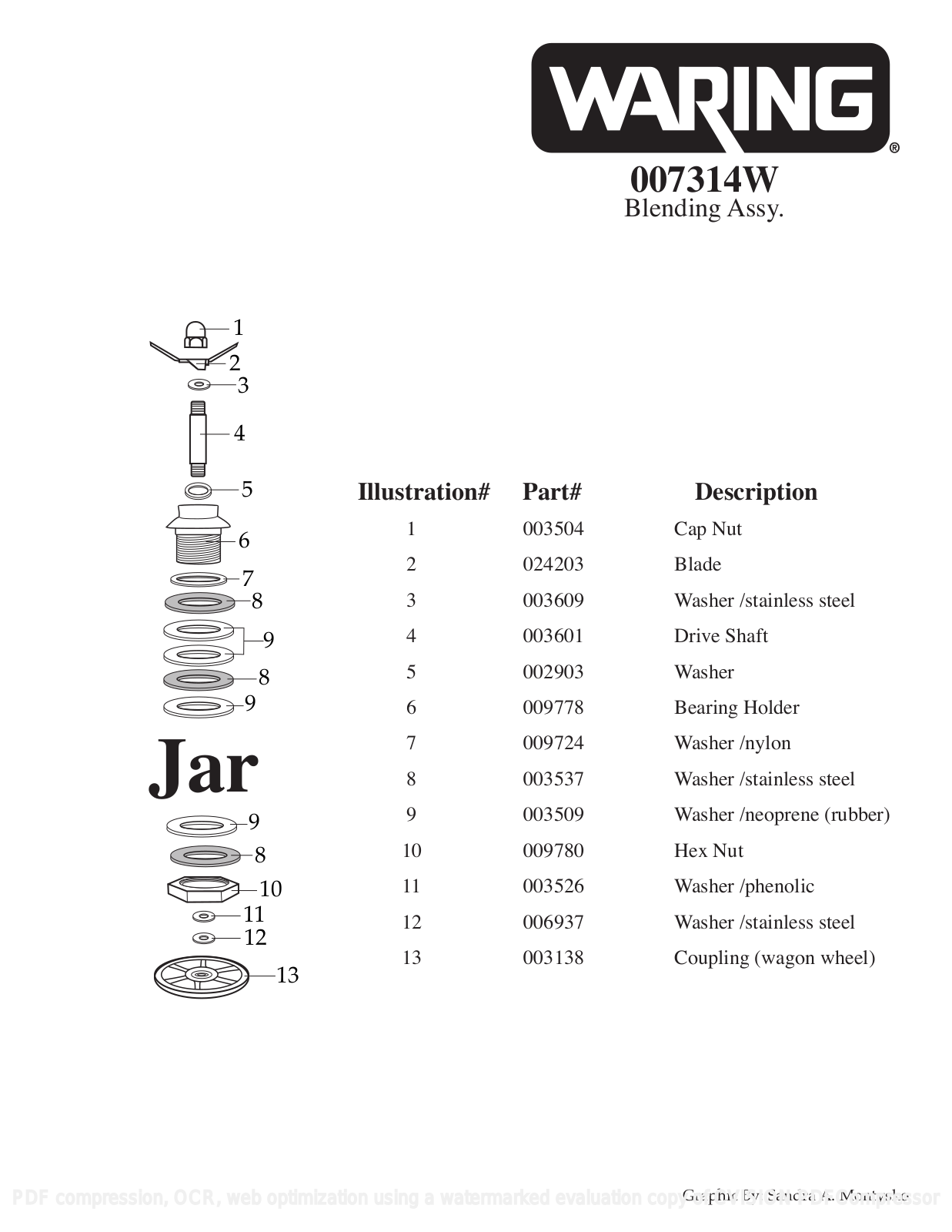 Waring 007314W Parts List