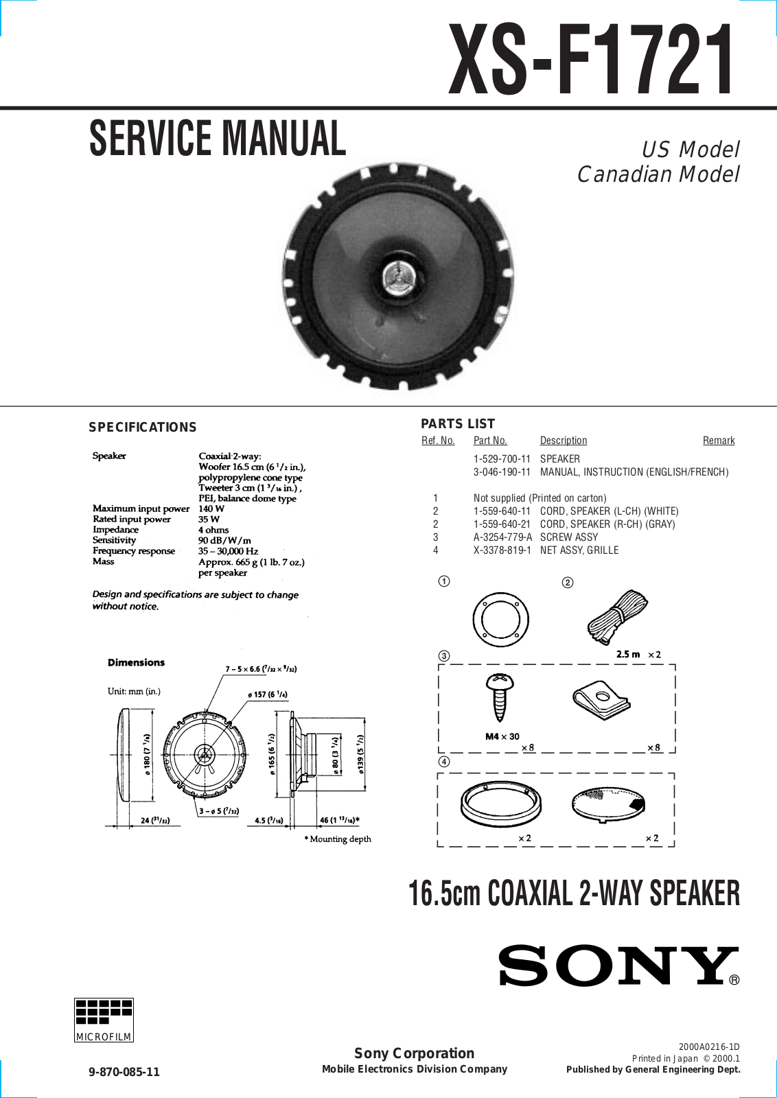 Sony XS-F1721 Service Manual