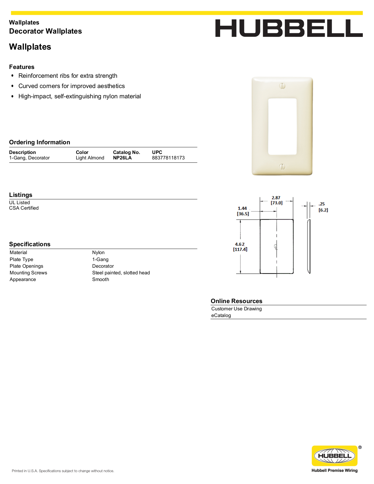 Hubbell NP26LA Specifications