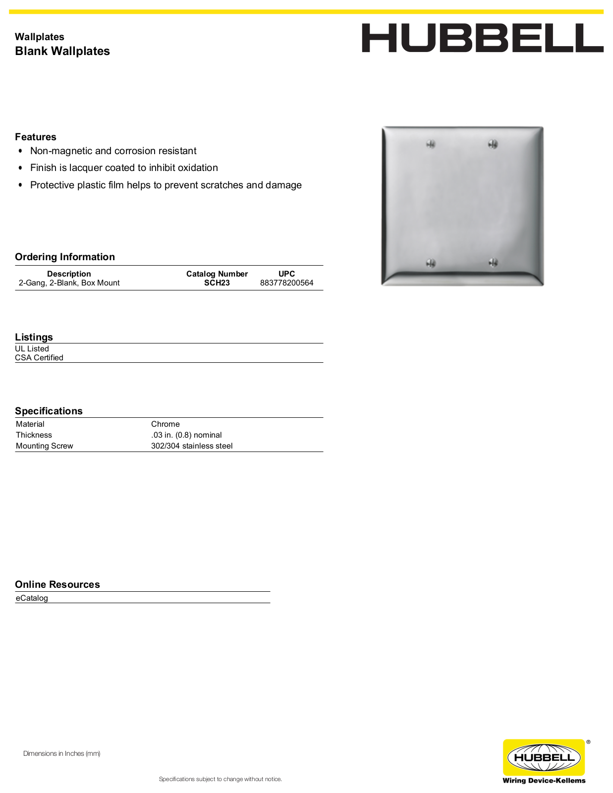 Hubbell SCH23 Specifications