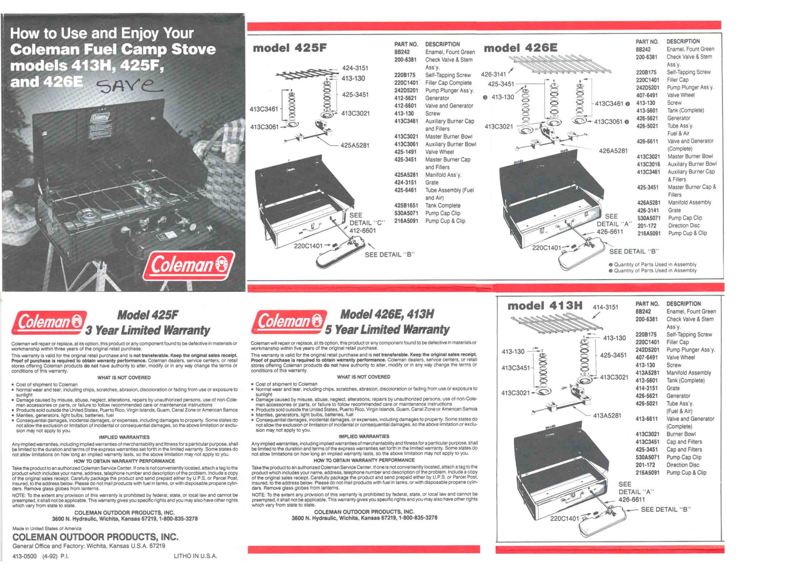 Coleman 425F, 426E, 413H User Manual