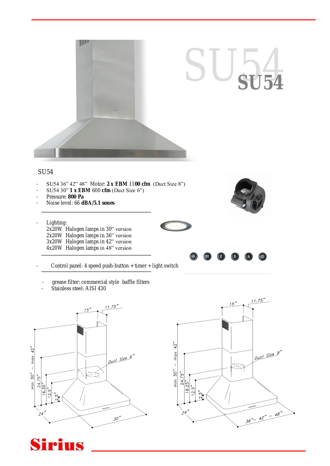 Sirius SU5436, SU5448, SU5442 Specifications