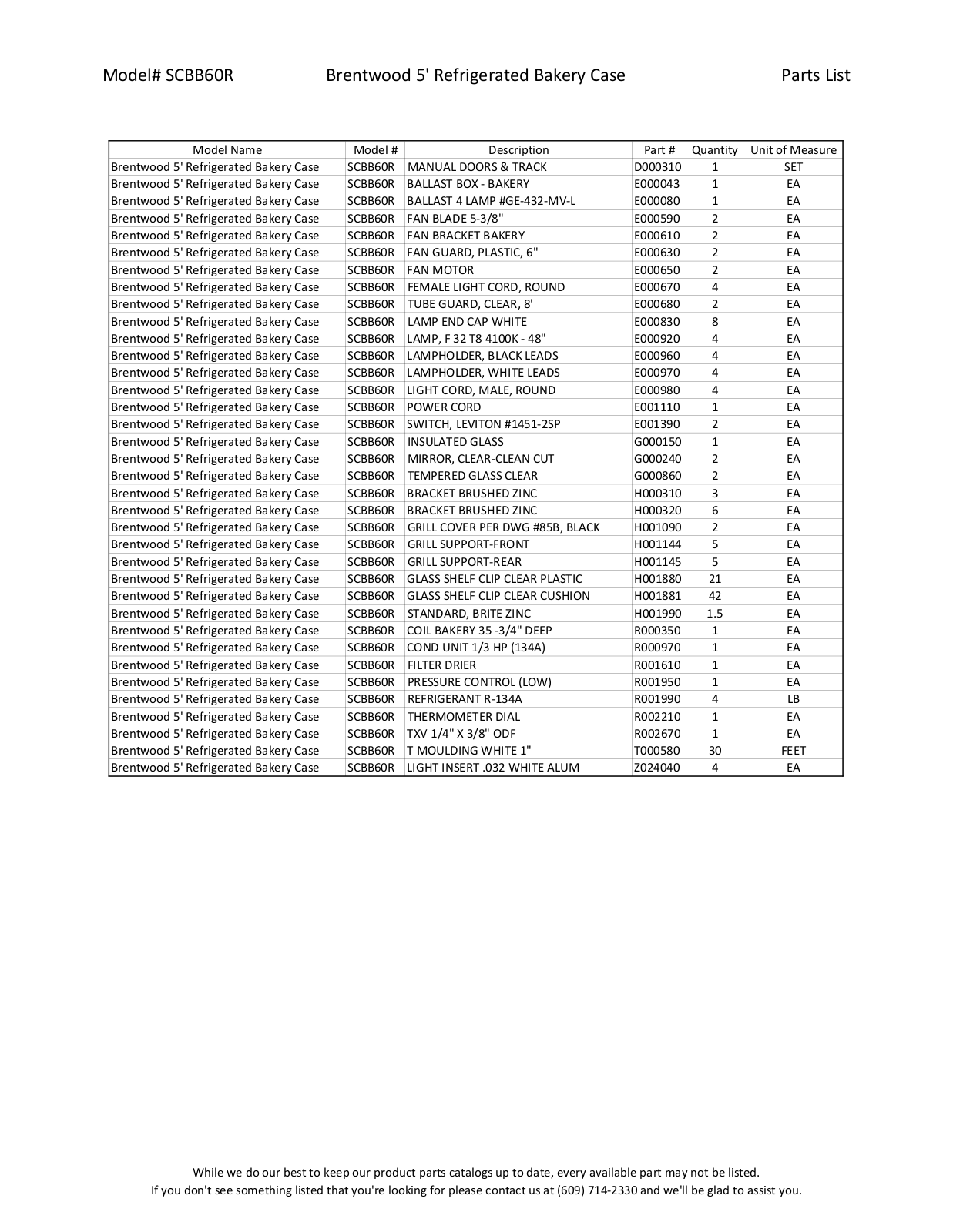 RPI Industries SCBB60R Parts List