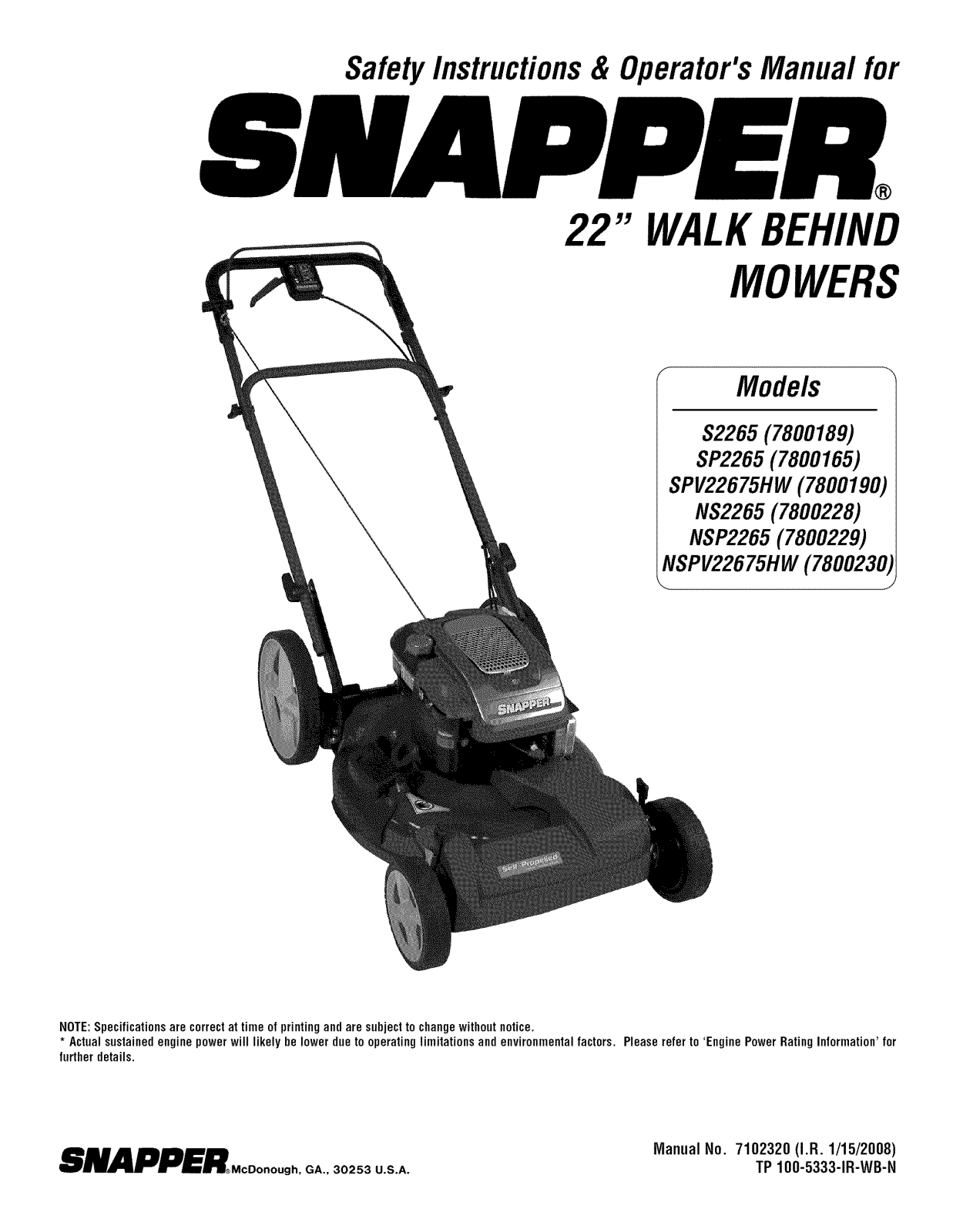 Snapper SPV22675HW (7800190), NS2265 (7800228), 7800230 (NSPV22675HW), 7800230, 7800229 Owner’s Manual